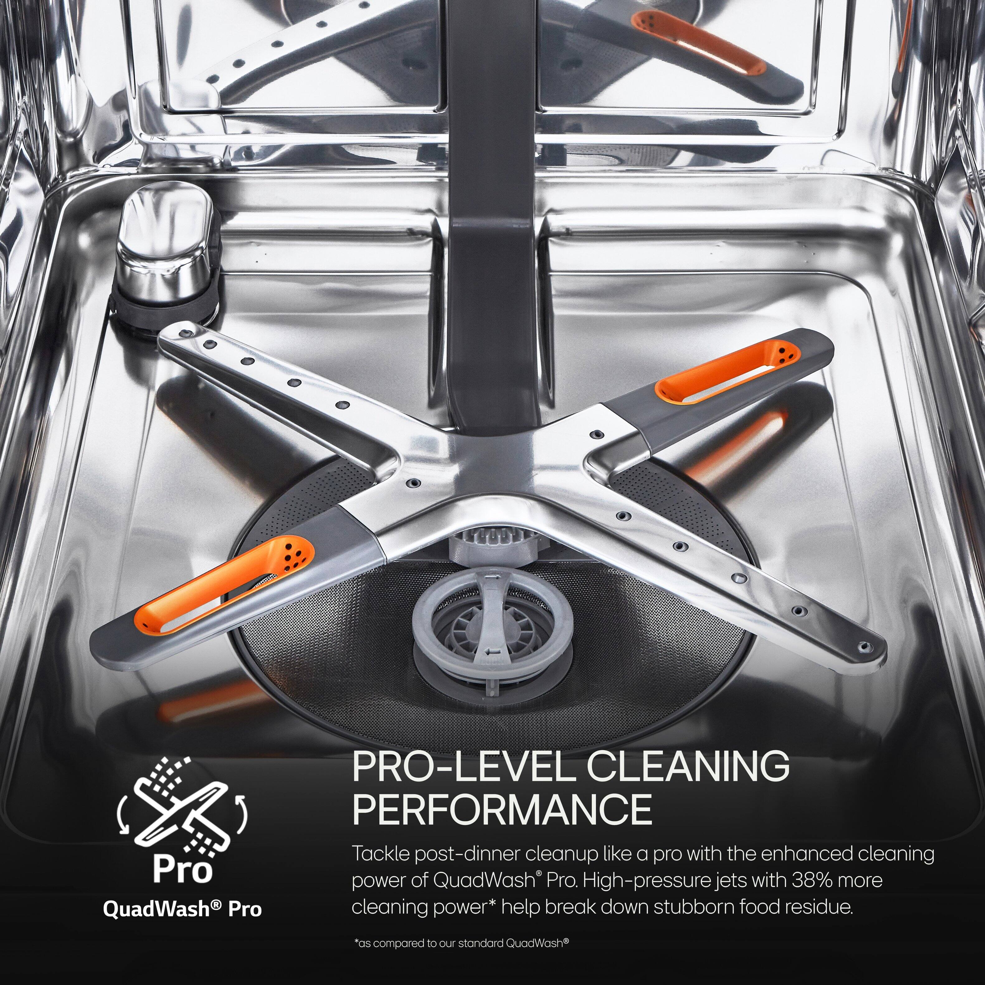 PRO-LEVEL CLEANING PERFORMANCE Tackle post-dinner cleanup like a pro with the enhanced cleaning Pro power of QuadWash Pro. High-pressure jets with 38% more QuadWash Pro cleaning power* help break down stubborn food residue as compared to our standard QuadWash.