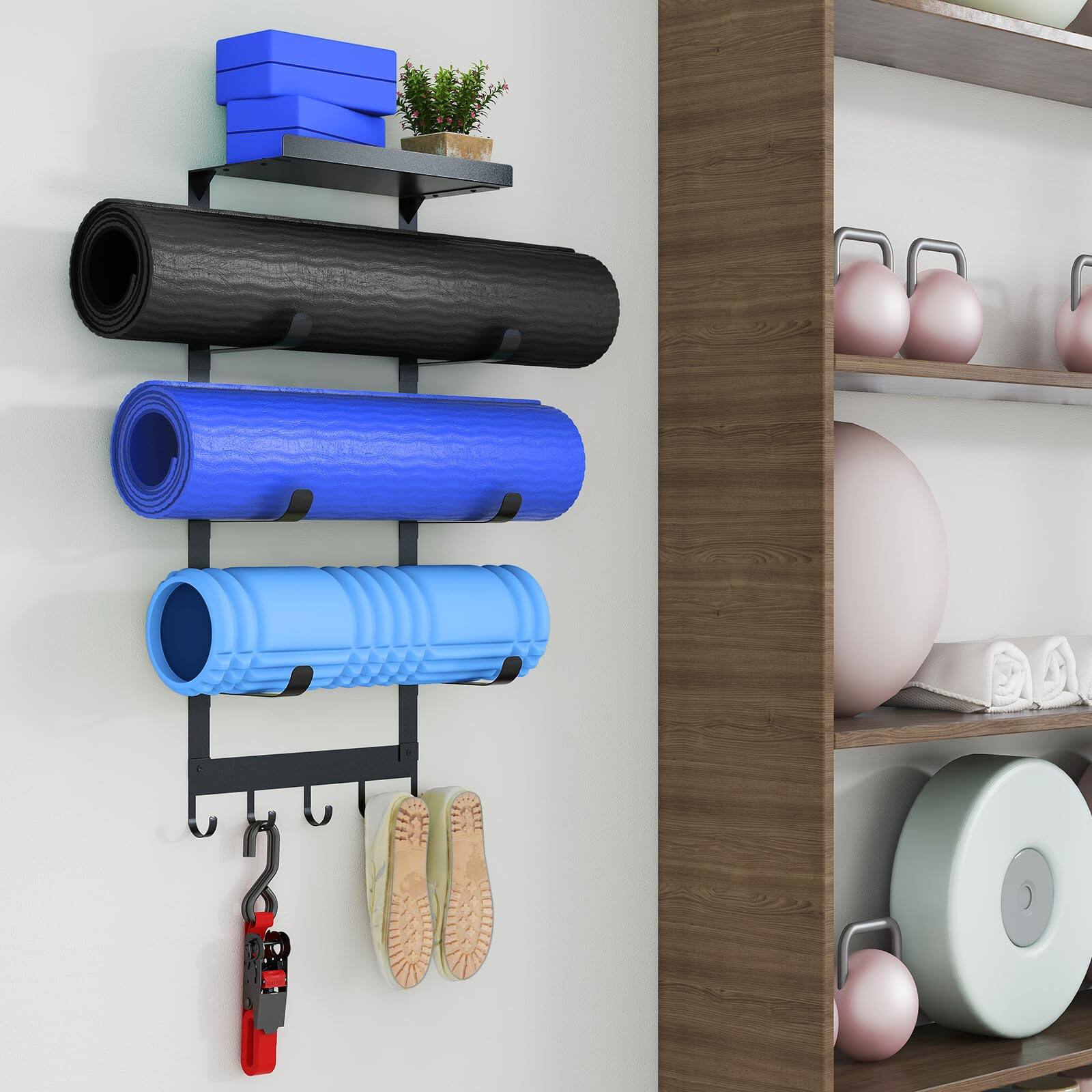 Alt View 5. Dazzling Pops - LSK Yoga Mat Holder Wall Mount, Yoga Mats Storage Rack, Home Gym Storage with Metal Floating Shelf for Stor... - Black.