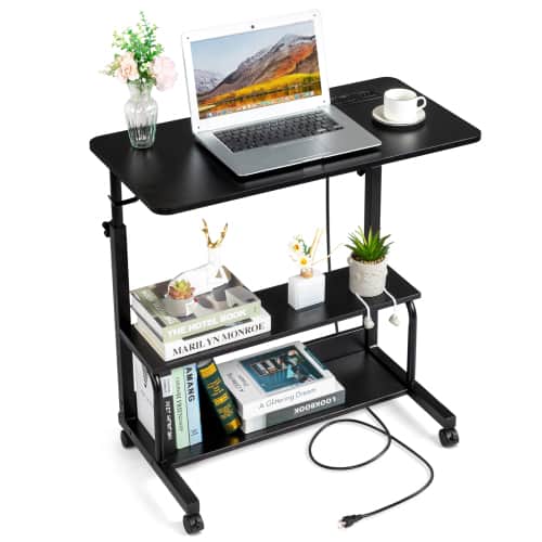 Winado - 31.5" Portable Rolling Desk Mobile Laptop Table on Wheels Height Adjustable Standing Desk with 2 AC Outlets/3 USB Ports - Black
