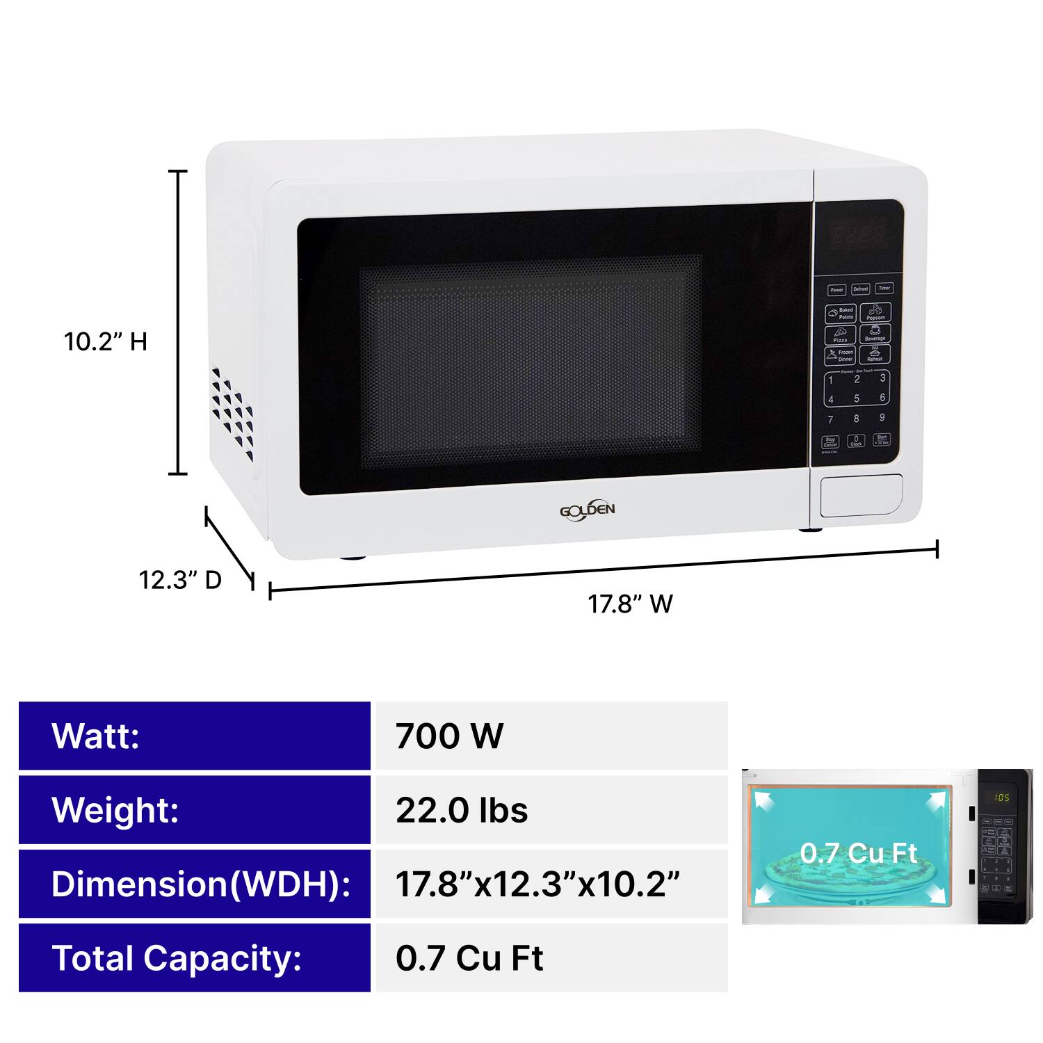 - 10.2" H
- 12.3" D
- 17.8" W
- Watt: 700 W
- Weight: 22.0 lbs
- Dimension(WDH): 17.8"x12.3"x10.2"
- Total Capacity: 0.7 Cu Ft