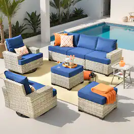 Ovios - 8 PCS Patio Furniture Set, Sectional Sofa with Swivel Chairs, Side Table & Ottoman for Porch - Navy Blue