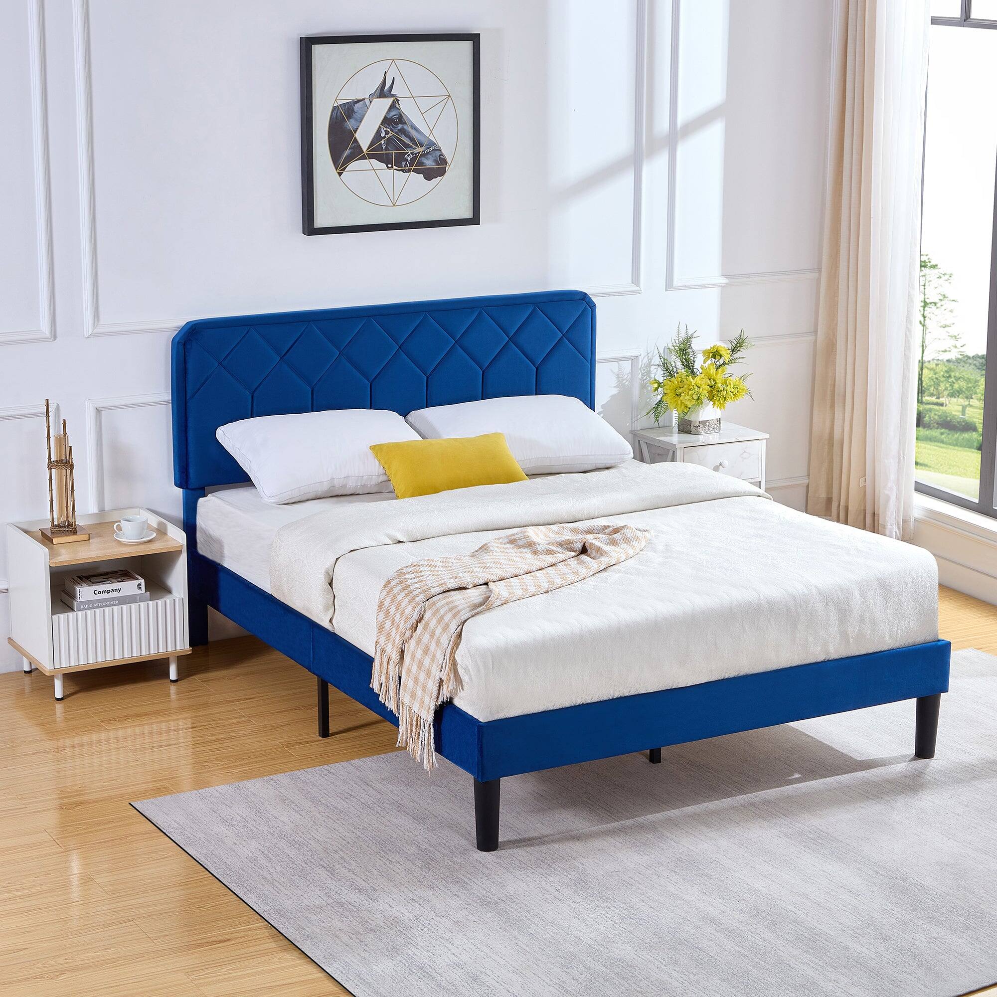 Back. Vecelo - Queen Size Upholstered Bed With Adjustable Headboard And Underbed Storage - Metal Platform Bed,Quiet Design - Dark Blue.