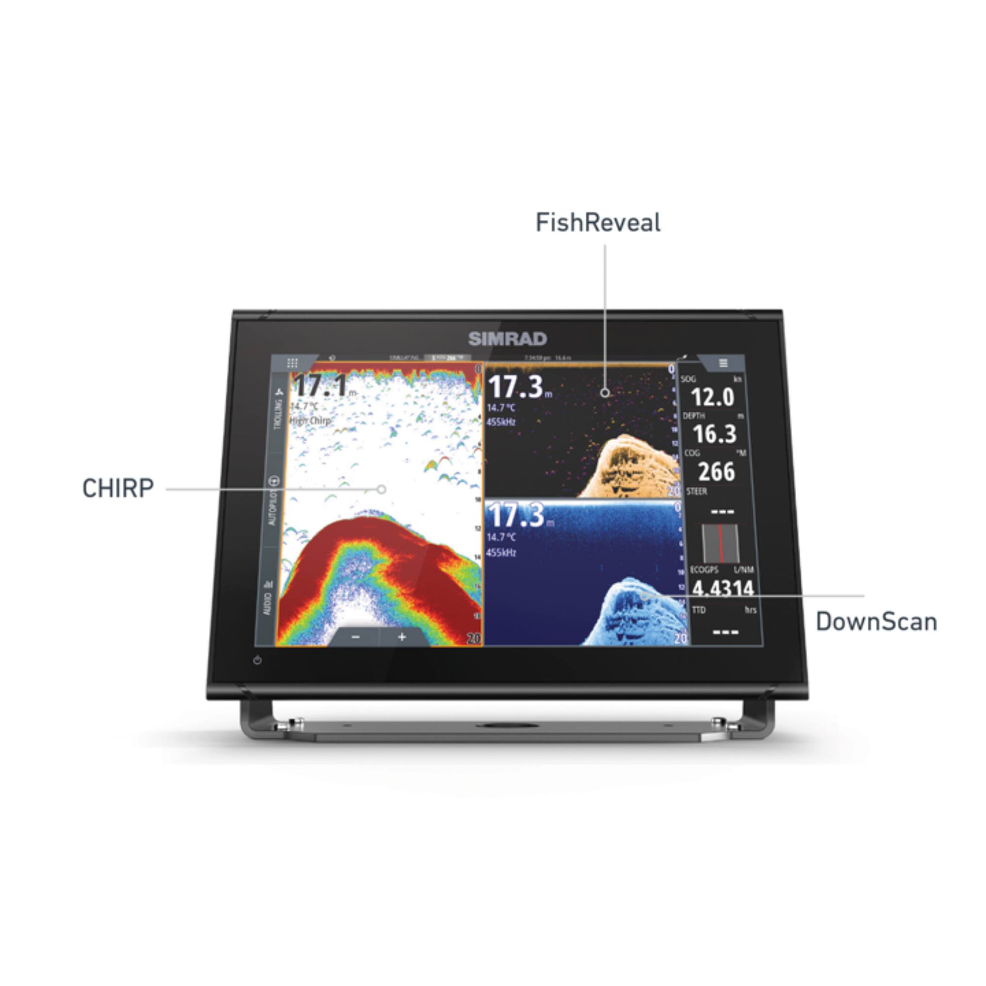 FishReveal CHIRP - 12: A 17.1 14.7% SNETICN: High Chirp AUTOPLO a AUDIO - SIMRAD nc -. 0 17.3 - 14.7 455A00 17.3 - 14.7 455k 20 = SOG in 12.0 DEPTH - - . 16.3 CO P 266 20 STEER ECOGPS Ua  4 .4314 1TD bn --- DownScan

CHIRP
FishReveal
DownScan