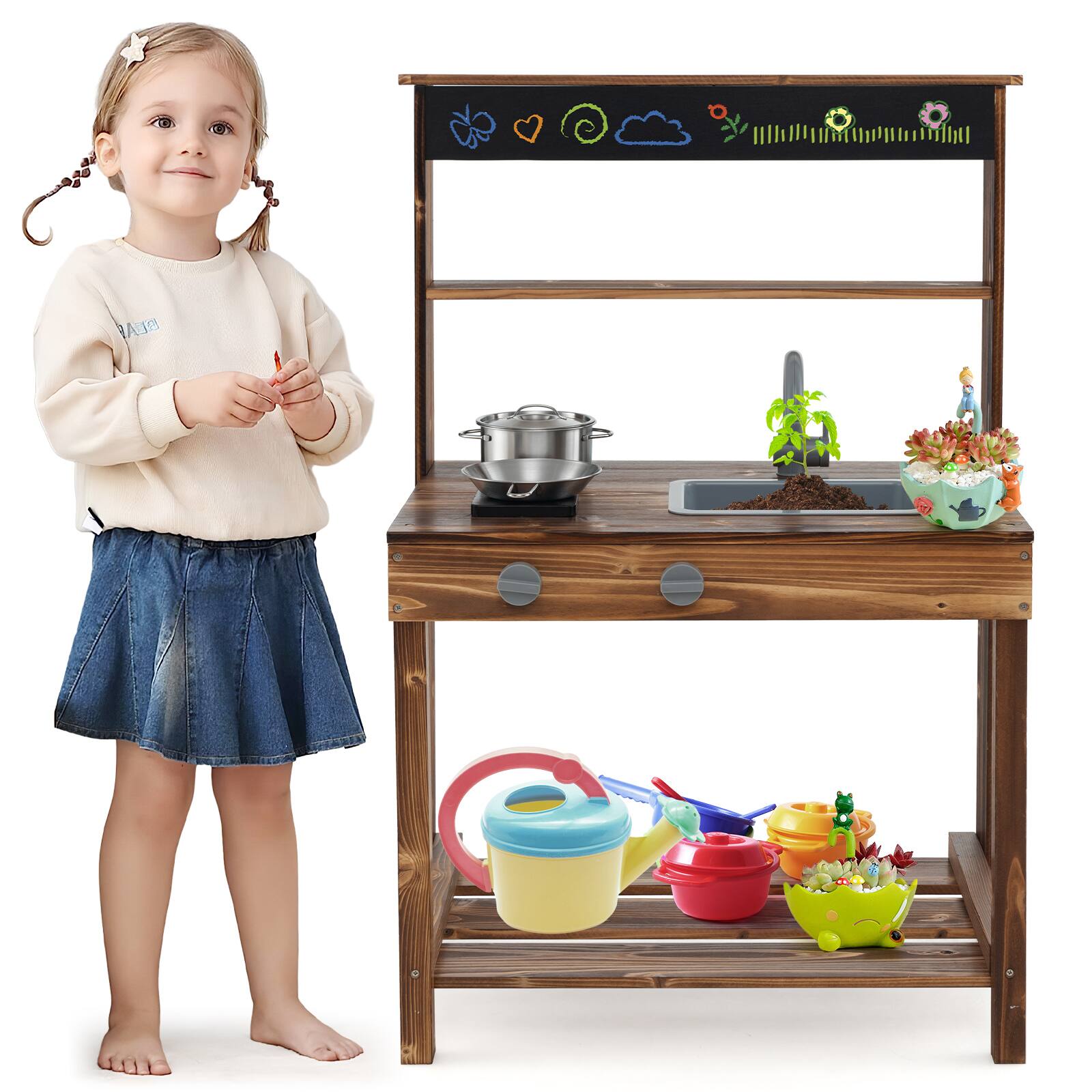 Alt View 3. Costway - Costway Kids Mud Kitchen Play Kitchen with Blackboard, Stoves, Removable Sink - Beige.
