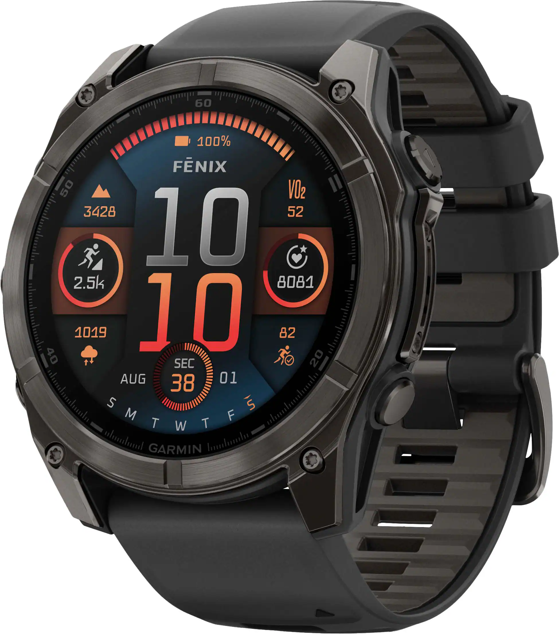 The text on the image reads:
"Fenix 10 100% 50 VO2 3428 52 10 2.5k 8081 1019 10 82 40 SEC 3 20 AUG 38 01 alanlonhamla SMTWTFS S alanlonhamla ululoml GARMIN Iamhunla."
The text is a combination of various data points and information related to the watch. It includes details such as the watch's name (Fenix), the battery life (100%), the VO2 max (50), the date (August 38), and the time (10:19). Additionally, there are other numbers and abbreviations that likely represent various metrics or settings on the watch.