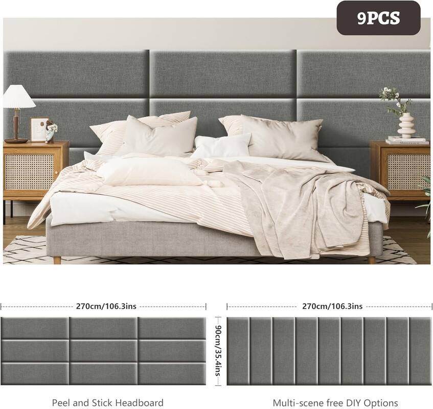 9PCS, 270cm/106.3ins, Peel and Stick Headboard, 90cm/35.4ins, 270cm/106.3ins, Multi-scene free DIY Options