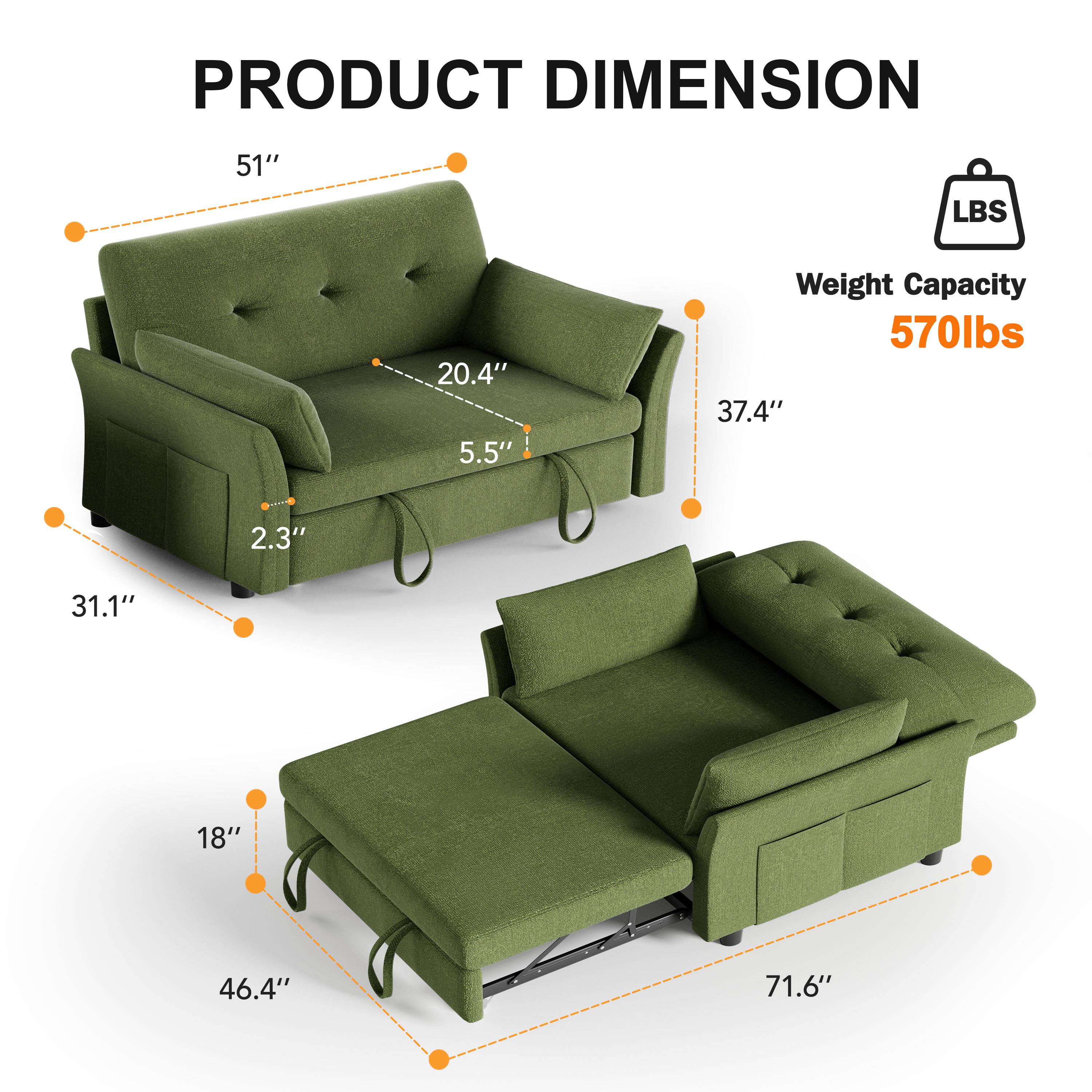PRODUCT DIMENSION  
51" L x 20.4" W x 37.4" H  
Weight Capacity: 570lbs  
31.1" D x 46.4" W x 71.6" L