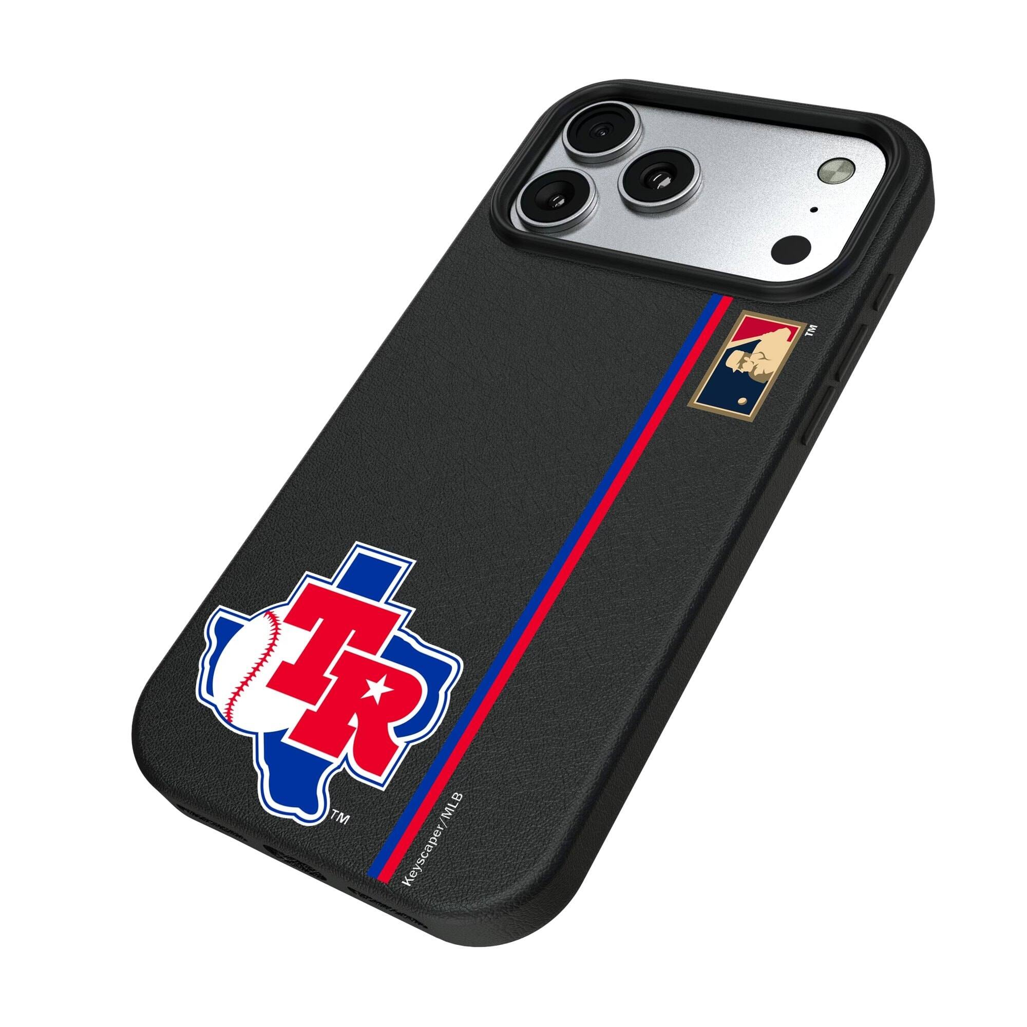 Alt View 1. Keyscaper - Texas Rangers 1981 Logo iPhone Magnetic Bump Case - 15 Pro - Black.