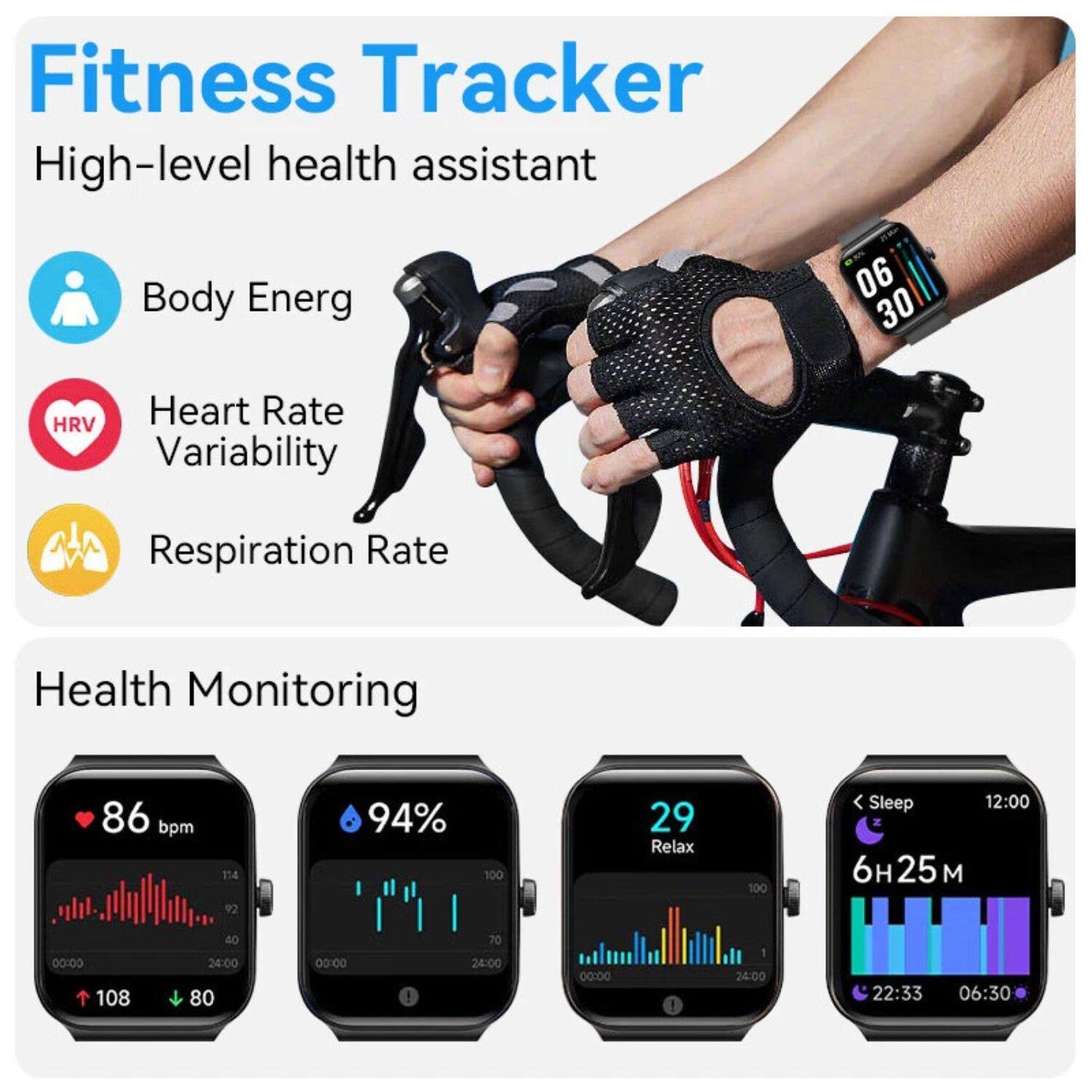 Fitness Tracker  
High-level health assistant  

Body Energ  
Heart Rate Variability  
Respiration Rate  

Health Monitoring  
86 bpm  
94%  
29 Relax  
Sleep 6h 25m  

06:30