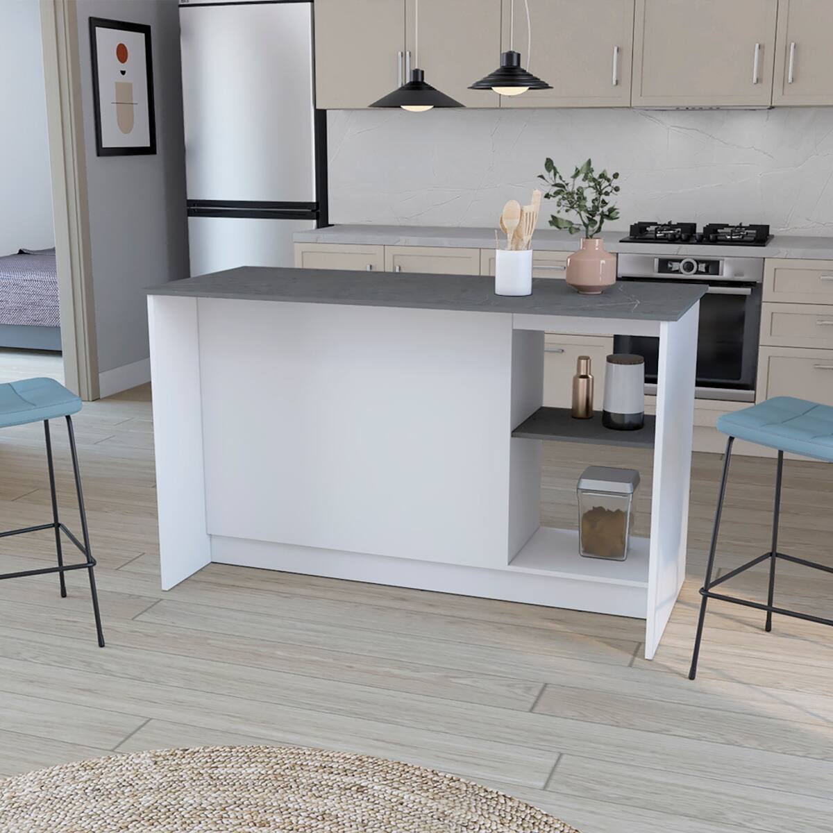 Back. Loheer - Loheer White Onyx Kitchen Island with Open Shelves 59 Inch Countertop - White / Onyx.