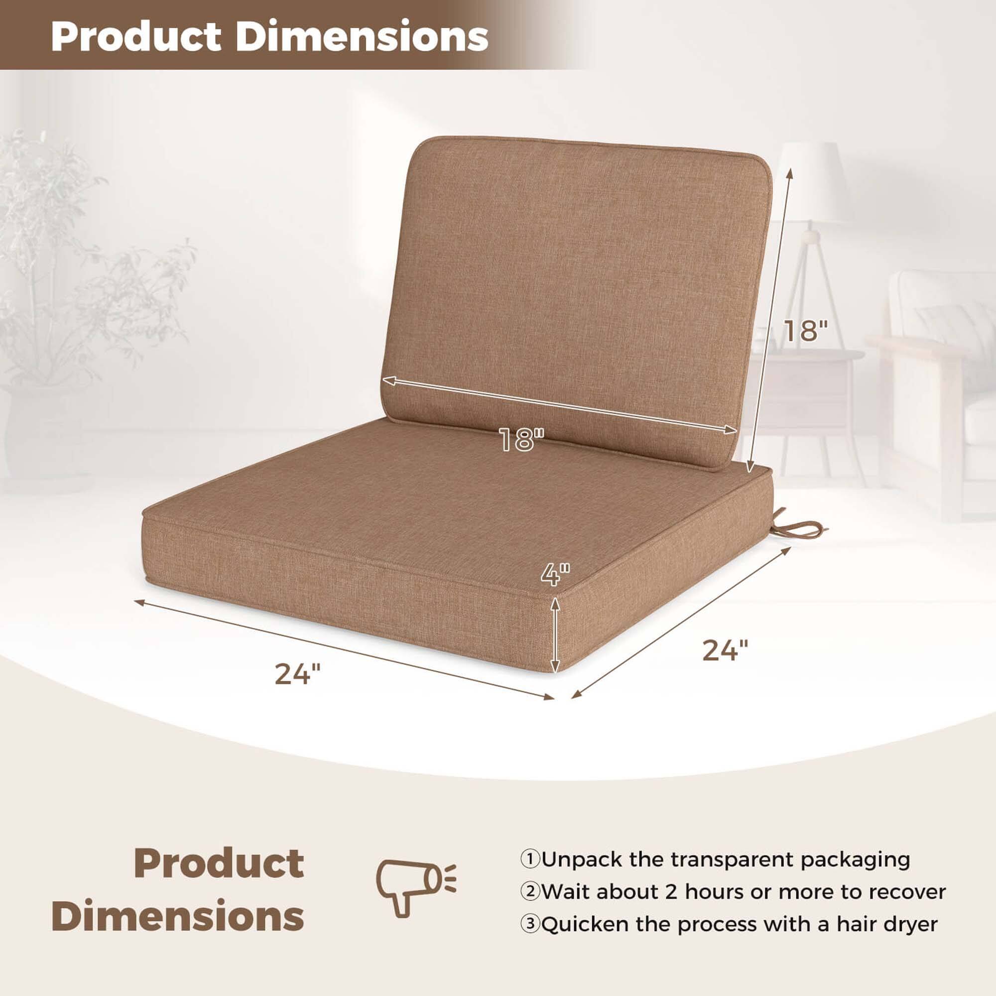 Product Dimensions

18" x 18" x 4" x 24" x 24"

1. Unpack the transparent packaging
2. Wait about 2 hours or more to recover
3. Quicken the process with a hair dryer
