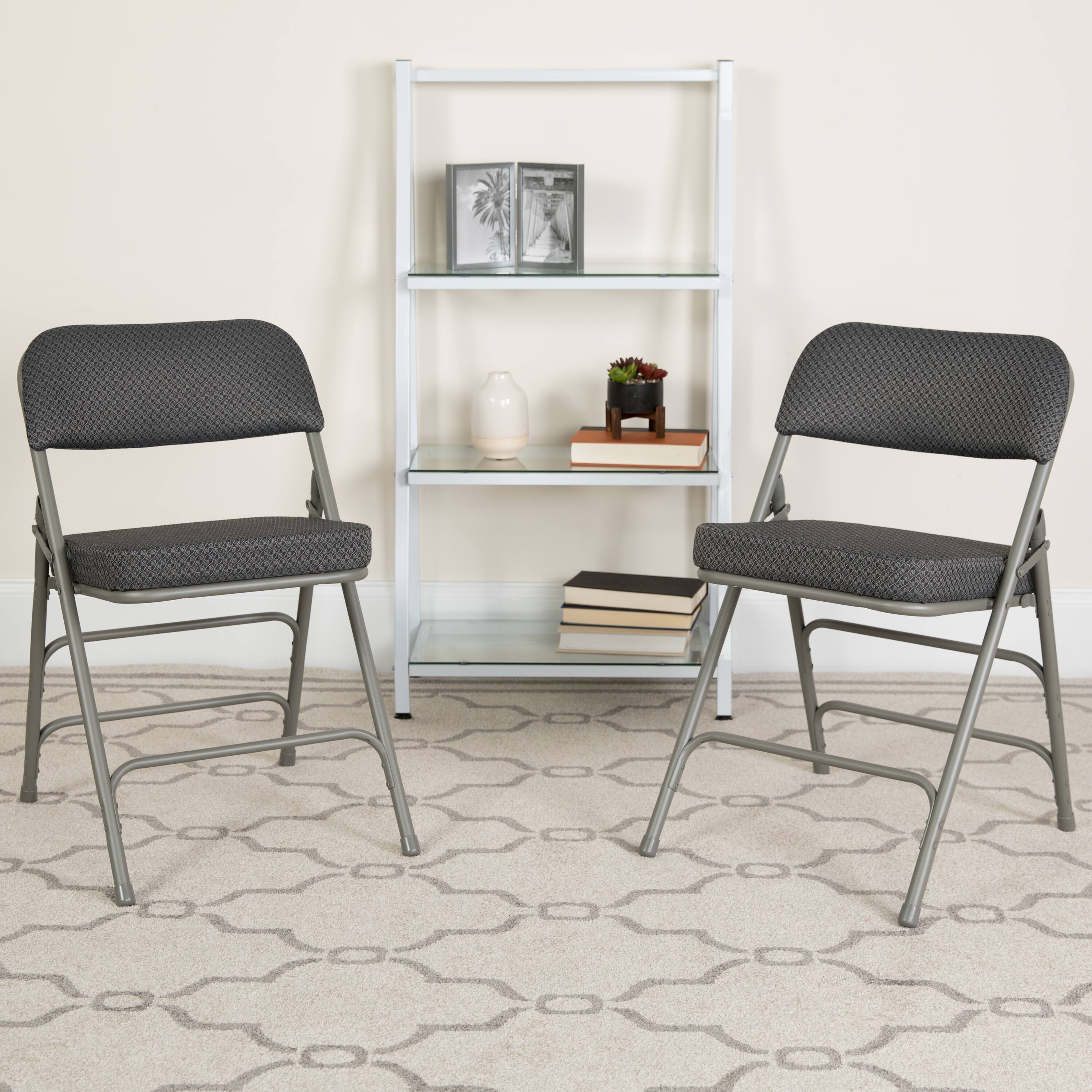 Alt View 2. Emma + Oliver - 2 Pack Premium Curved Triple Braced & Hinged Fabric Upholstered Metal Folding Chair - Gray.