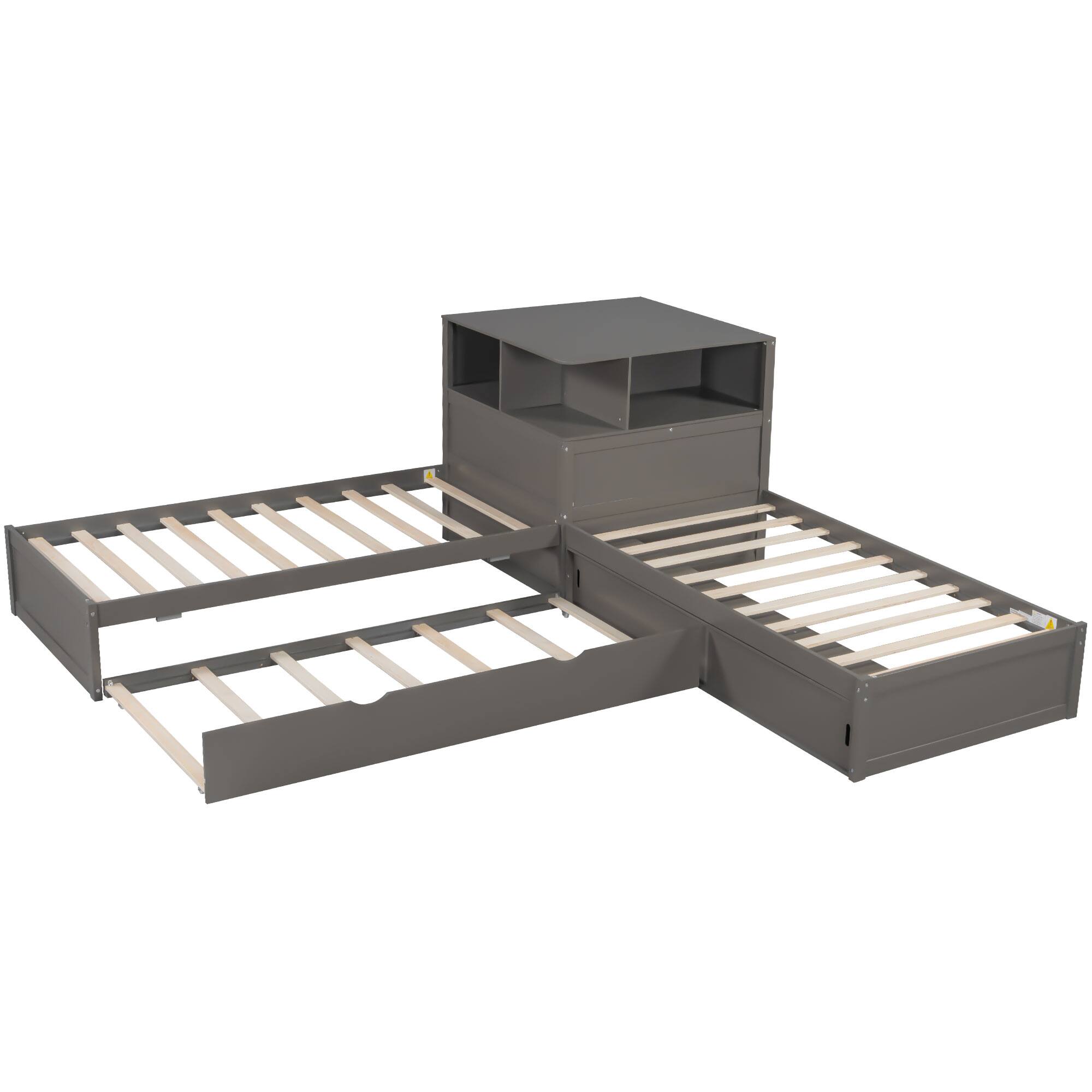 Alt View 1. Whisen - L-Shaped Twin Platform Bed with Trundle, Built-in Desk, Storage Cabinets & LED Lights, Wood Frame - Gray.