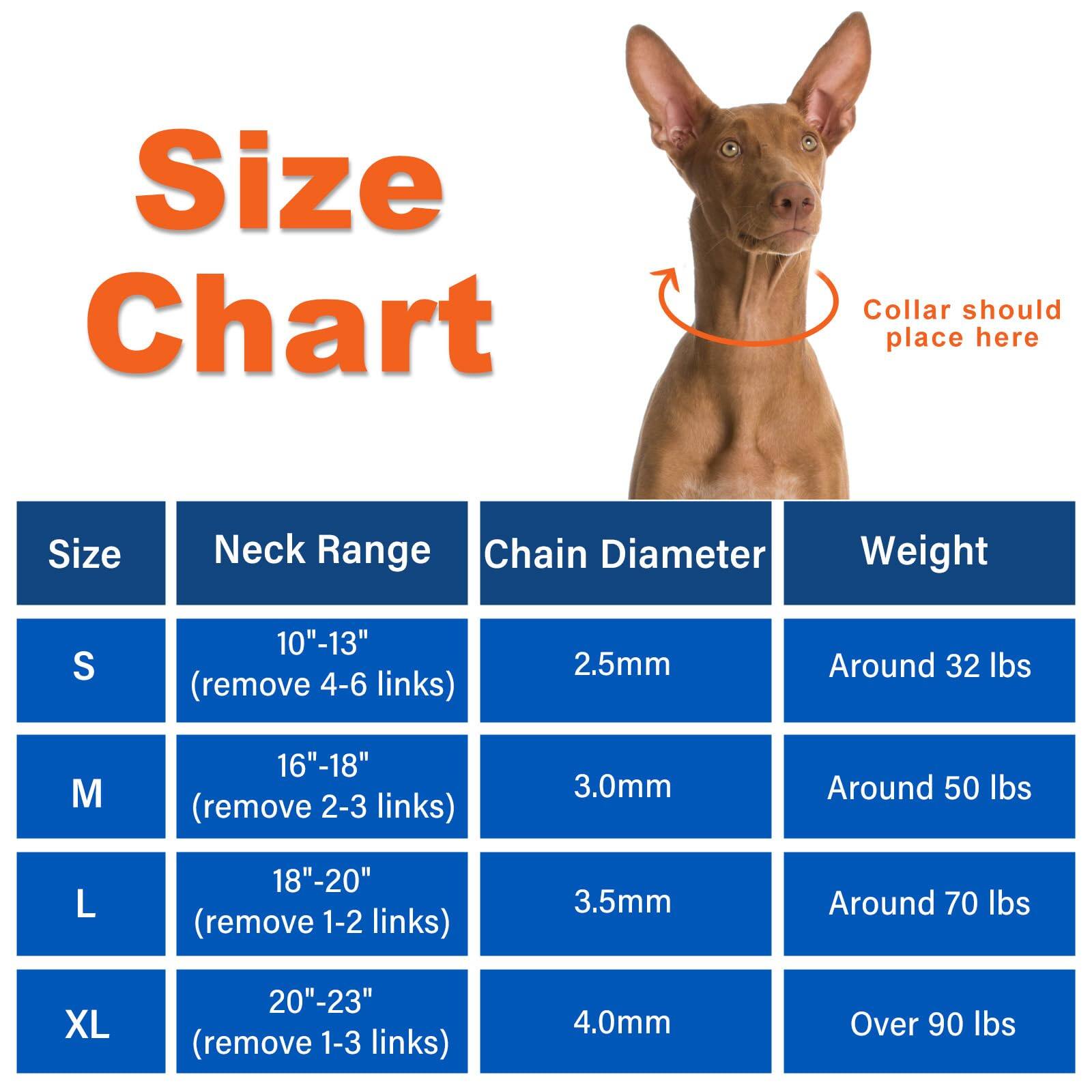 Size Chart

Collar should place here

| Size | Neck Range          | Chain Diameter | Weight       |
|------|--------------------|---------------|--------------|
| S    | 10"-13" (remove 4-6 links) | 2.5mm        | Around 32 lbs |
| M    | 16"-18" (remove 2-3 links) | 3.0mm        | Around 50 lbs |
| L    | 18"-20" (remove 1-2 links) | 3.5mm        | Around 70 lbs |
| XL   | 20"-23" (remove 1-3 links) | 4.0mm        | Over 90 lbs  |