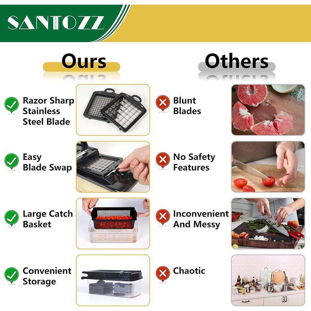 **SANTOZZ**

**Ours**

- Razor Sharp Stainless Steel Blade
- Easy Blade Swap
- Large Catch Basket
- Convenient Storage

**Others**

- Blunt Blades
- No Safety Features
- Inconvenient And Messy
- Chaotic