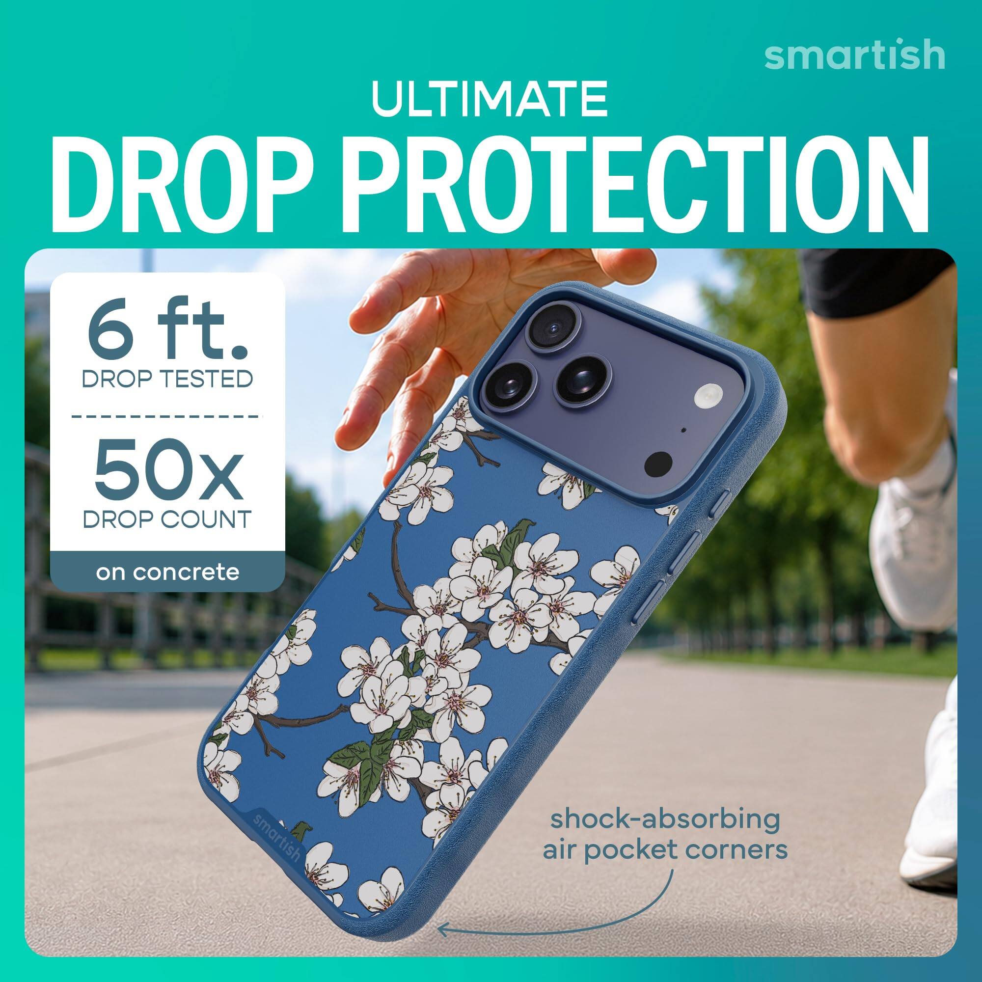 smartish ULTIMATE DROP PROTECTION  
6 ft. DROP TESTED  
50x DROP COUNT  
on concrete  
smartish  
shock-absorbing air pocket corners