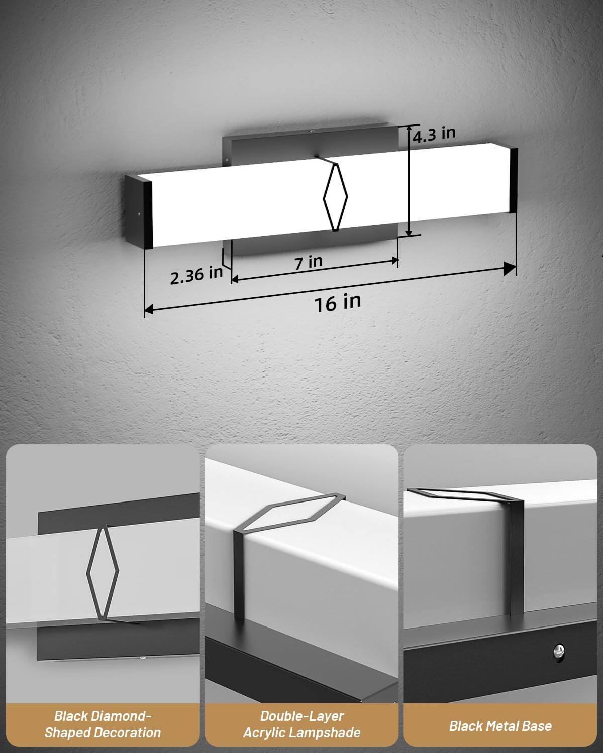 4.3 in  
2.36 in  
7 in  
16 in  

Black Diamond-Shaped Decoration  
Double-Layer Acrylic Lampshade  
Black Metal Base