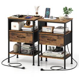 Costway - 2 PCS Nightstand with Charging Station, 24.5" Modern Bedside Table with Fabric Drawer - Rustic Brown + Black
