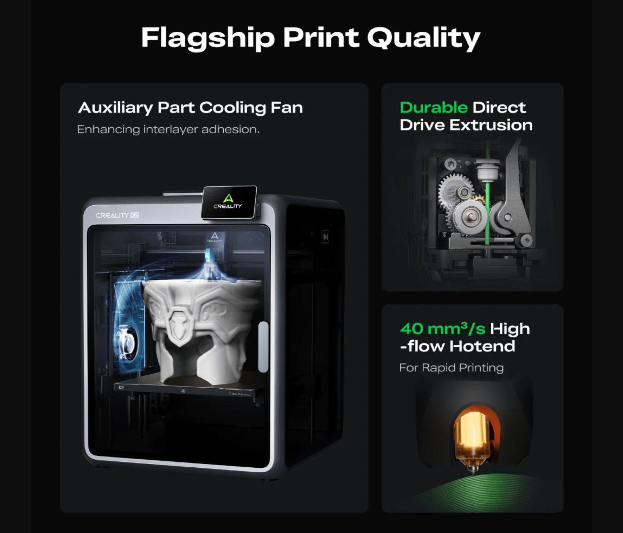 Flagship Print Quality

Auxiliary Part Cooling Fan Enhancing interlayer adhesion.

Durable Direct Drive Extrusion

CREALITY K2

40 mm³/s High-flow Hotend For Rapid Printing