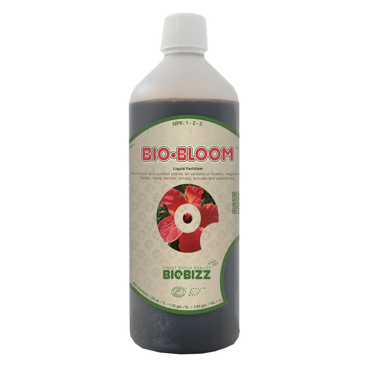 NPK: 1-2-2  
BIO-BLOOM Liquid Fertilizer  
For indoor and outdoor plants. All varieties of flowers, vegetables, herbs, trees, berries, shrubs, annuals and perennials.  

FINEST DUTCH QUALITY  
BIOBIZZ  
Net Content: 1.05 kg / 1 L / 1.32 gal / 2.64 gal