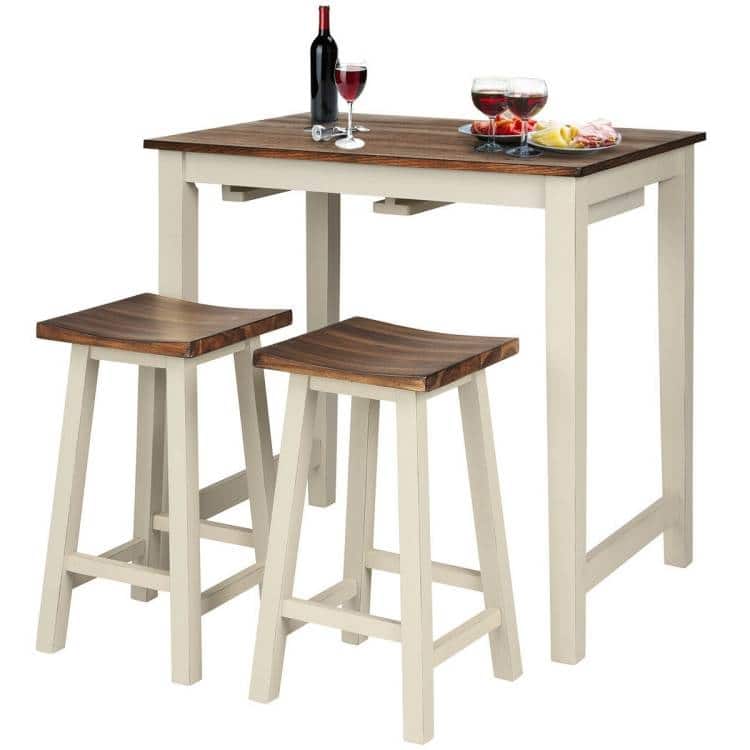 SlickBlue - 3-Piece Farmhouse Kitchen Pub Set with Counter Table and 2 Saddle Stools - Rustic White, Walnut