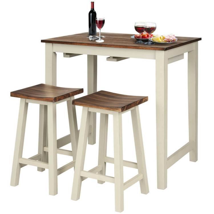 Front. SlickBlue - 3-Piece Farmhouse Kitchen Pub Set with Counter Table and 2 Saddle Stools - Rustic White, Walnut.