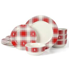 Martha Stewart - 12 Piece Plaid Decorated Round Stoneware Dinnerware Set - Red and White