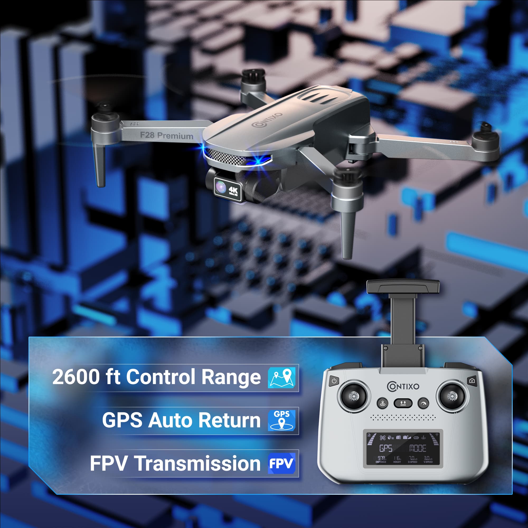 The image features a drone with a 2600 ft control range. The drone is equipped with GPS and an auto return feature, as well as FPV transmission. The drone is designed for aerial photography and videography, making it suitable for capturing high-quality images and videos from above.