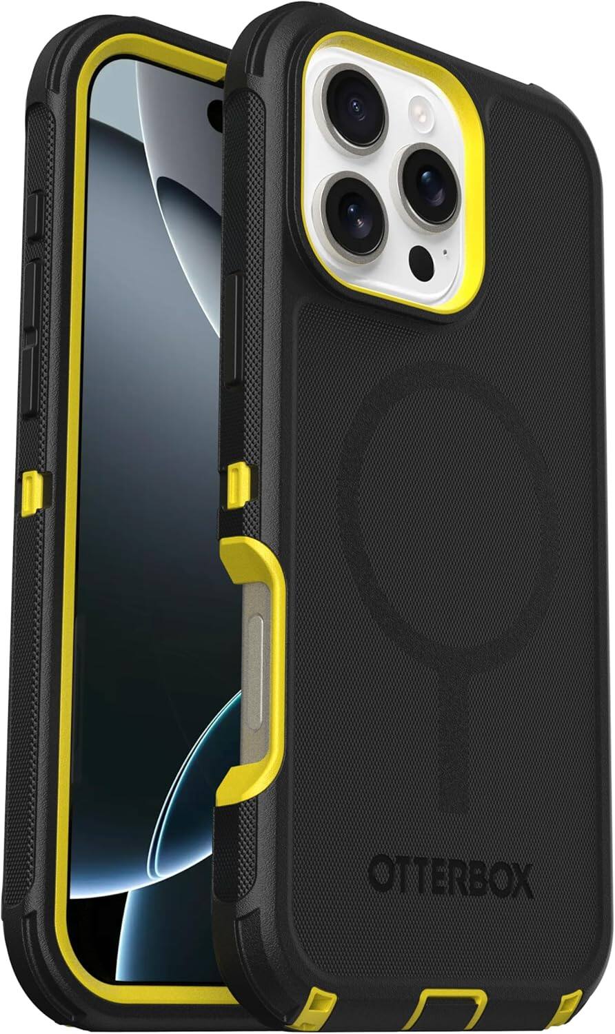Left. OtterBox - OtterBox - Defender Series hard Shell Case With Magsafe for Apple iPhone 16 Pro Max - Night (Black & Yellow).