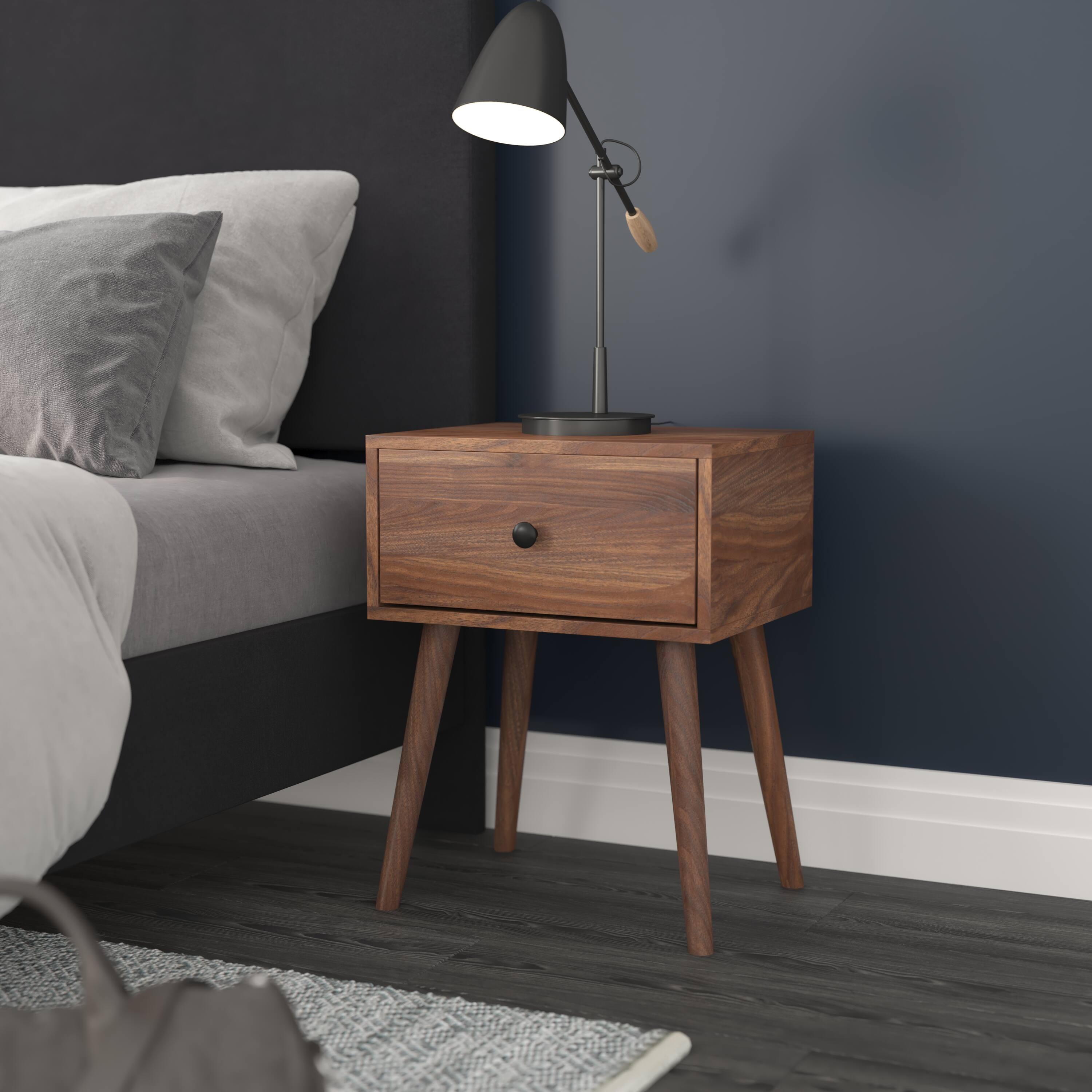 Alt View 4. Emma + Oliver - Beverly Mid-Century Modern Wooden Night Stand with Soft Close Drawer and Sleek Tapered Legs with Protective Floor Glides - Dark Walnut.