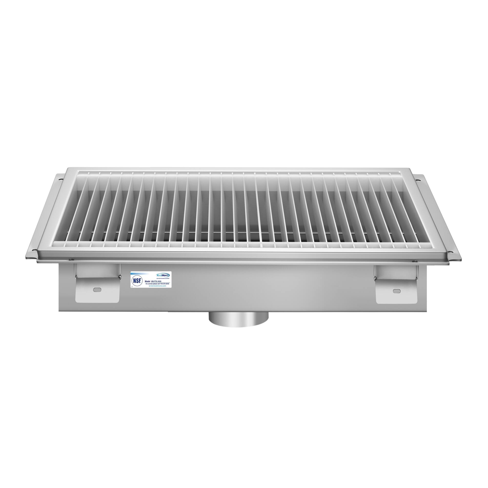 Back. Koolmore - 24" x 24" Stainless Steel Floor Trough Drain, 14-Gauge with Subway-Style Grating & Removable Drain Basket, NSF Listed - Stainless-Steel.