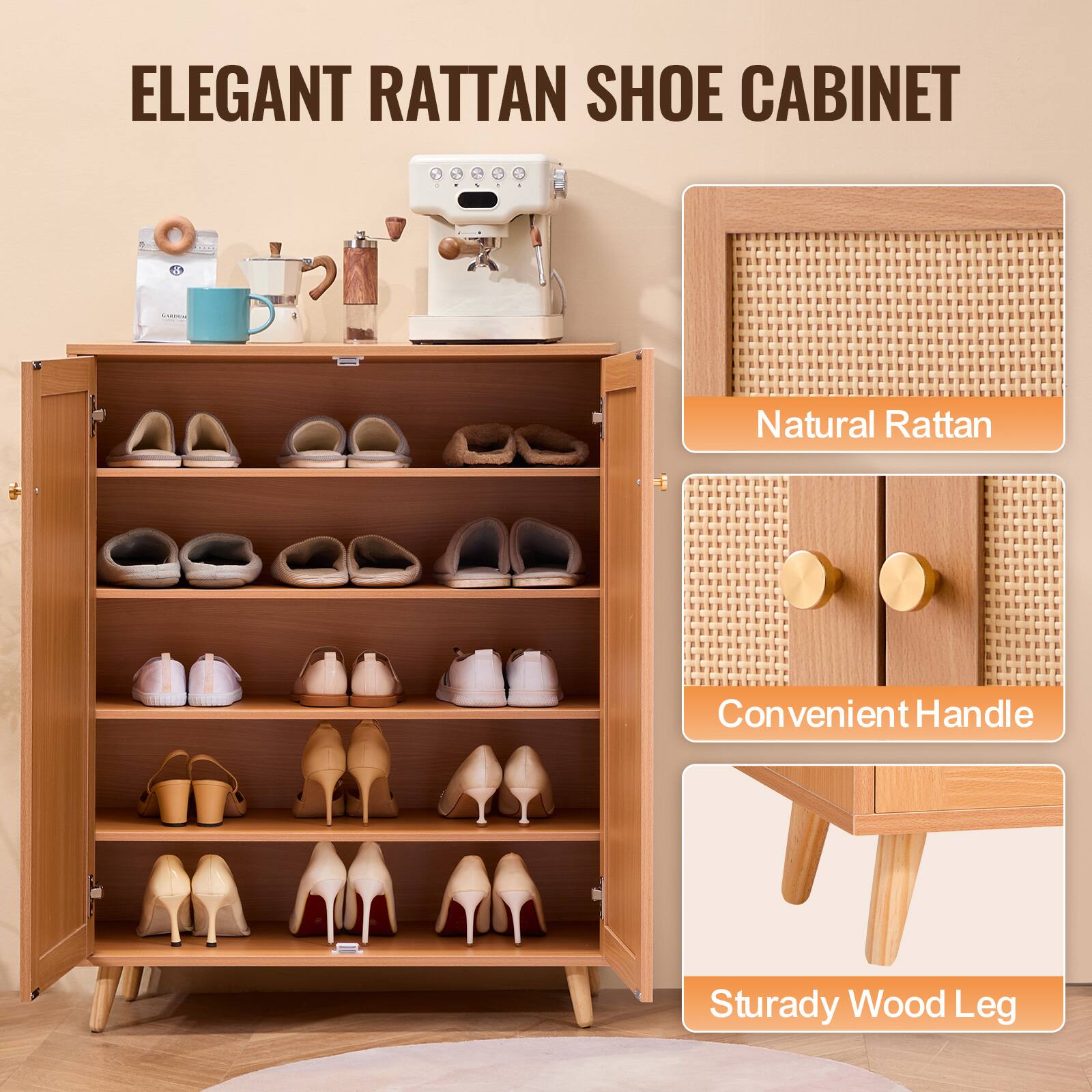 ELEGANT RATTAN SHOE CABINET

- Natural Rattan
- Convenient Handle
- Sturdy Wood Leg