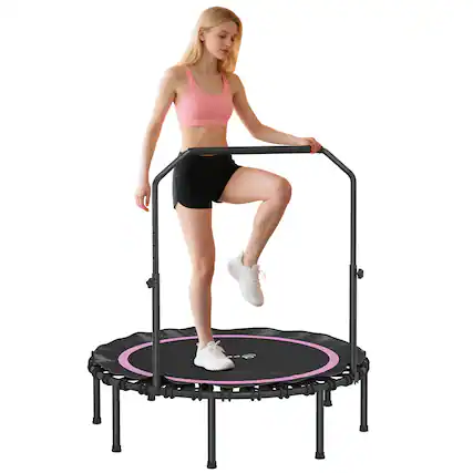 Front. Soozier - 45"/48" Rebounder Trampoline for Adults, Foldable Mini Trampoline with Adjustable Handle Bar - Pink.