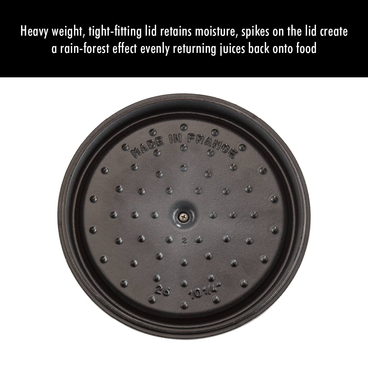 Heavy weight, tight-fitting lid retains moisture, spikes on the lid create a rain-forest effect evenly returning juices back onto food

MADE IN FRANCE

10 1/4"