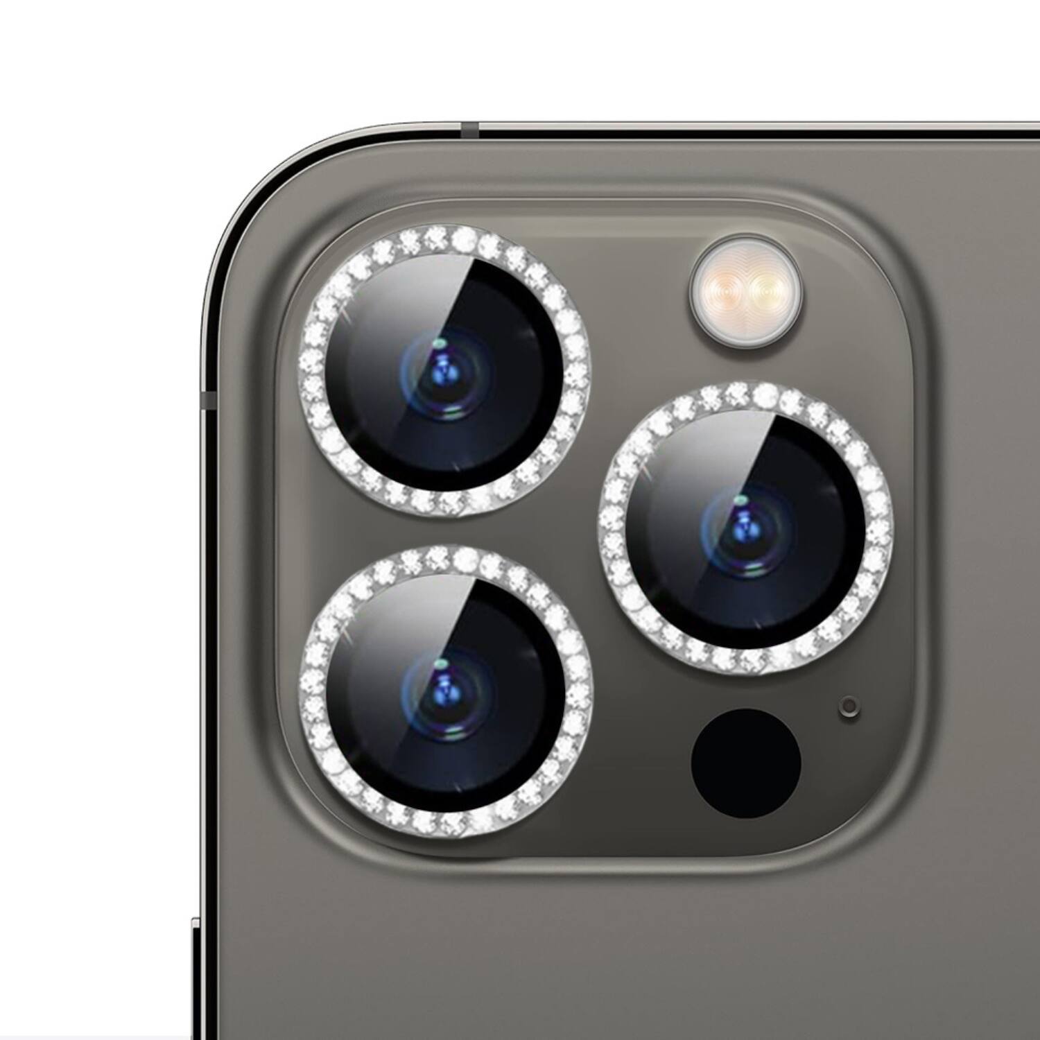 Angle. Home Collection - Rhinestones Camera Lens Tempered Glass Screen Protector 6.3 in for iphone 16 Pro - Clear with Silver Rhinestones.