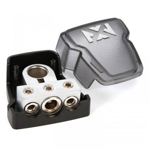 Left. NVX - Universal Positive/Negative Car Battery Terminal with Single 1/0 to 4-Gauge and Dual 4 to 8-Gauge Outputs - Black.