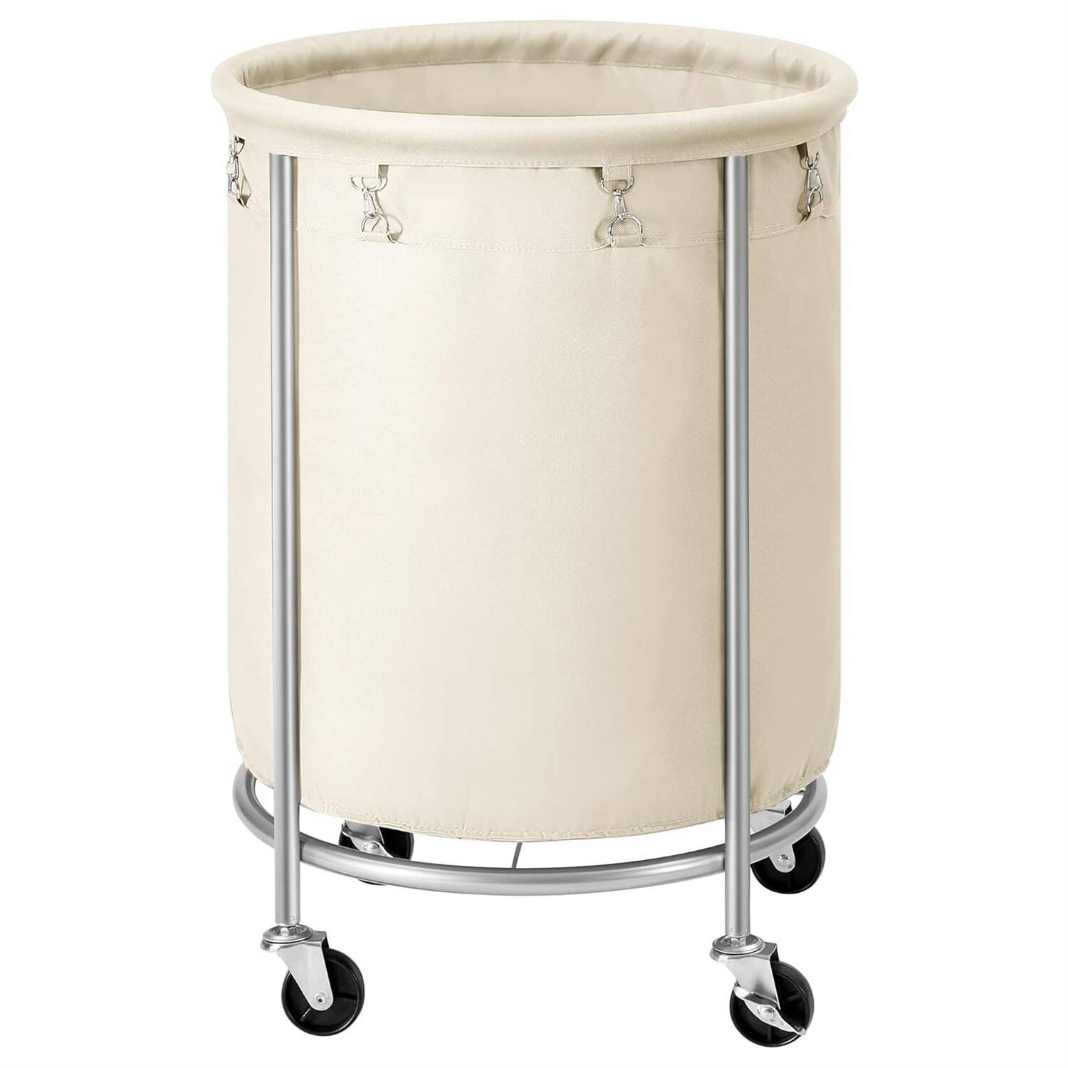 Front. Hivvago - Round 45-Gallon Laundry Basket Hamper w/ Cream Fabric Bag Steel Frame on Wheels - Cream, Silver.
