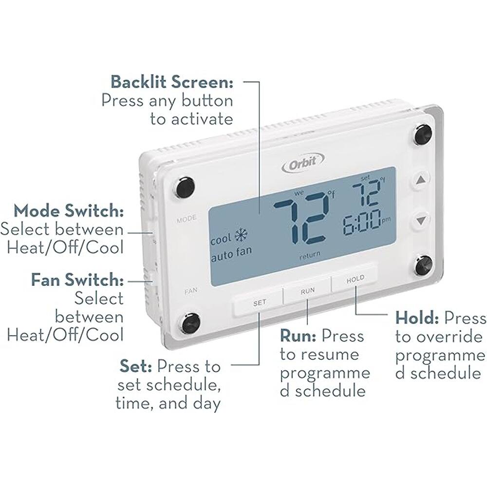 Backlit Screen: Press any button to activate

Mode Switch: Select between Heat/Off/Cool

Fan Switch: Select between Heat/Off/Cool

Set: Press to set schedule, time, and day

Run: Press to resume programme d schedule

Hold: Press to override programme d schedule