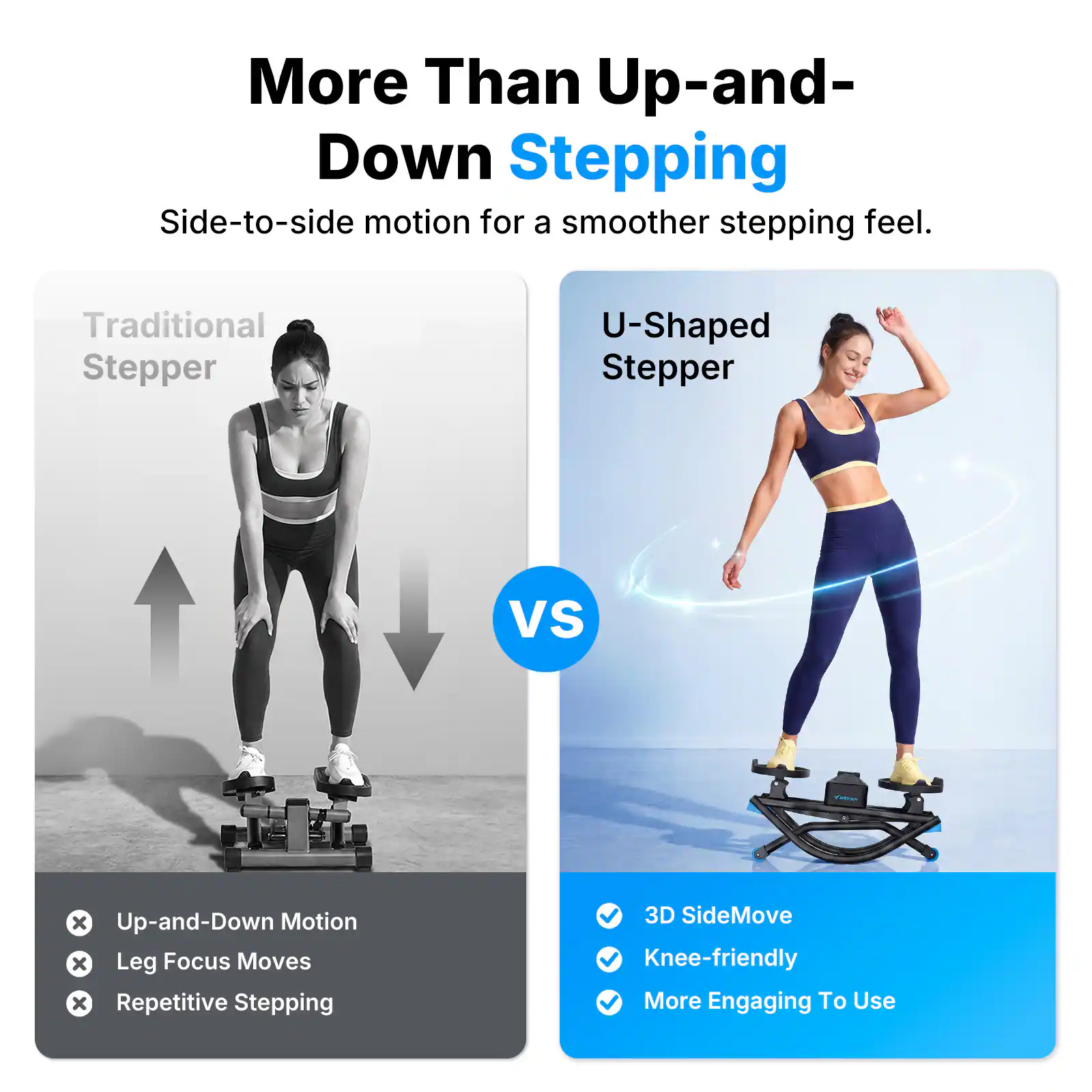 More Than Up-and-Down Stepping  
Side-to-side motion for a smoother stepping feel.  

Traditional Stepper  
U-Shaped Stepper  

VS  

Up-and-Down Motion  
Leg Focus Moves  
Repetitive Stepping  

3D SideMove  
Knee-friendly  
More Engaging To Use