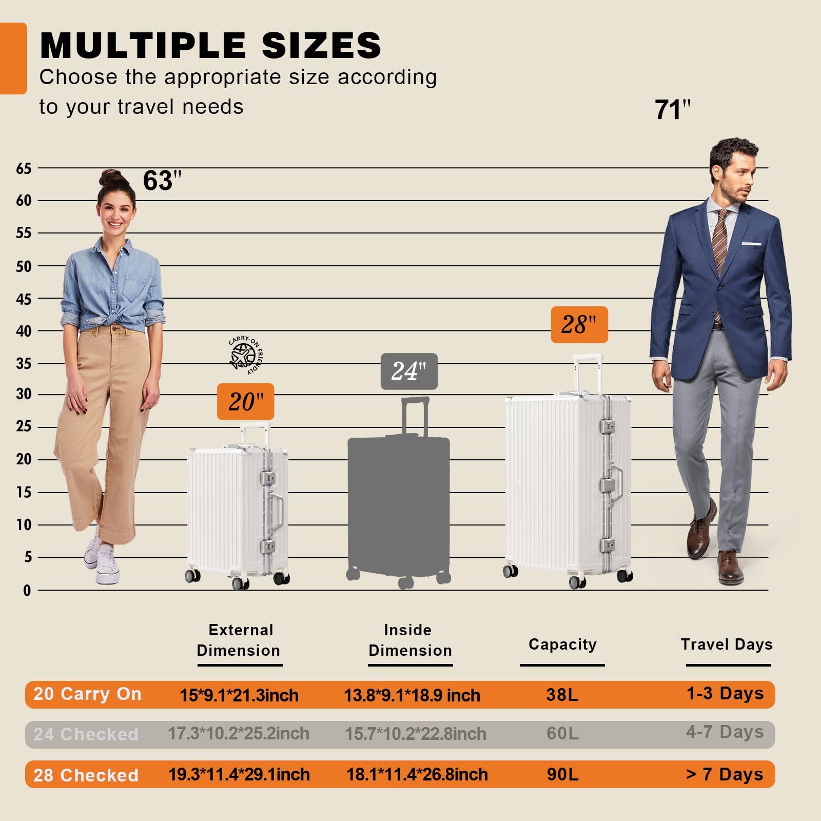 **MULTIPLE SIZES**

Choose the appropriate size according to your travel needs

**External Dimension** | **Inside Dimension** | **Capacity** | **Travel Days**

- **20" Carry On**  
  15*9.1*21.3 inch  
  13.8*9.1*18.9 inch  
  38L  
  1-3 Days

- **24" Checked**  
  17.3*10.2*25.2 inch  
  15.7*10.2*22.8 inch  
  60L  
  4-7 Days

- **28" Checked**  
  19.3*11.4*29.1 inch  
  18.1*11.4*26.8 inch  
  90L  
  > 7 Days