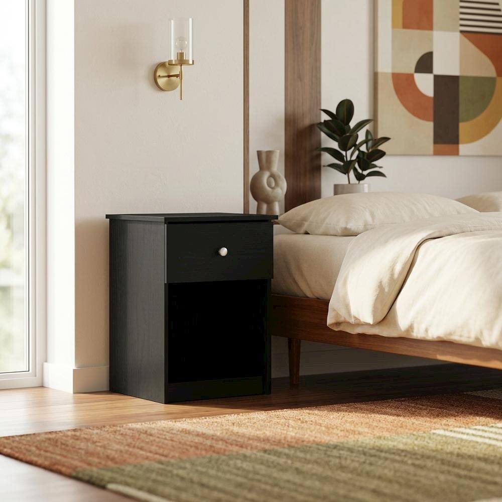 Left. FurniFact - Black wood nightstand with one drawer and modern design - Black Oak.