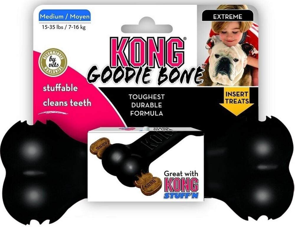 Medium / EXTREME  
15-35 lbs / 7-16 kg  
RECOMMENDED by vets  
KONG™ GOODIE BONE  
stuffable  
cleans teeth  
TOUGHEST DURABLE FORMULA  
INSERT TREATS  
Great with KONG STUFF'N