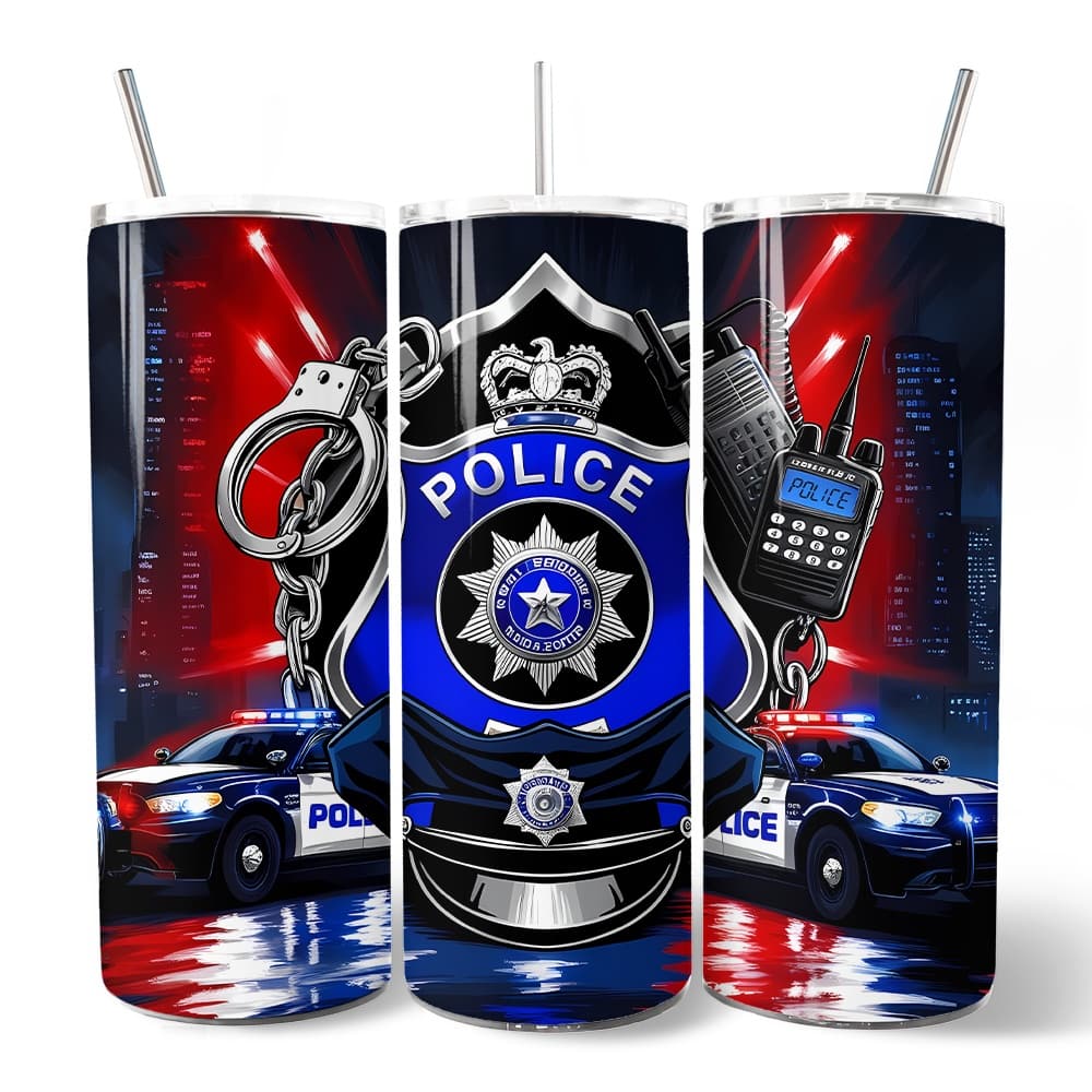 OrnamentallyYou - Police Badge and Patrol Car 20oz Tumbler With Lid and Stainless Steel Straw - Multicolored