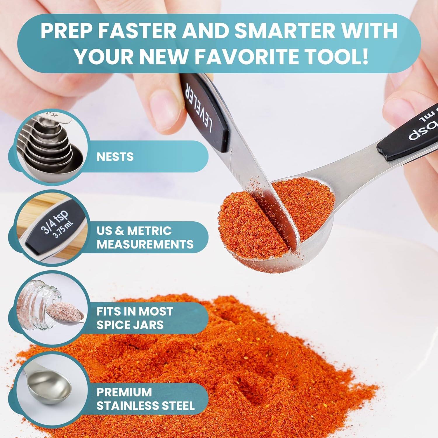 PREP FASTER AND SMARTER WITH YOUR NEW FAVORITE TOOL!

- NESTS
- US & METRIC MEASUREMENTS
- FITS IN MOST SPICE JARS
- PREMIUM STAINLESS STEEL