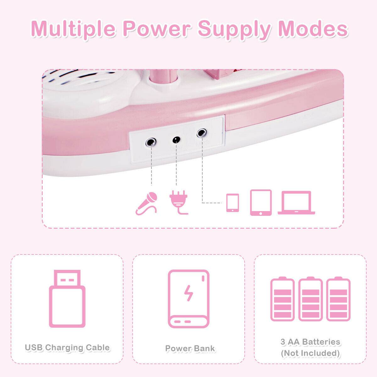 Multiple Power Supply Modes

- USB Charging Cable
- Power Bank
- 3 AA Batteries (Not Included)