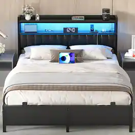 Aheaplus - Upholstered Faux Leather Bed Frame: Charging Station, Adjustable Headboard, LED Lights & Steel Slat Support - Black