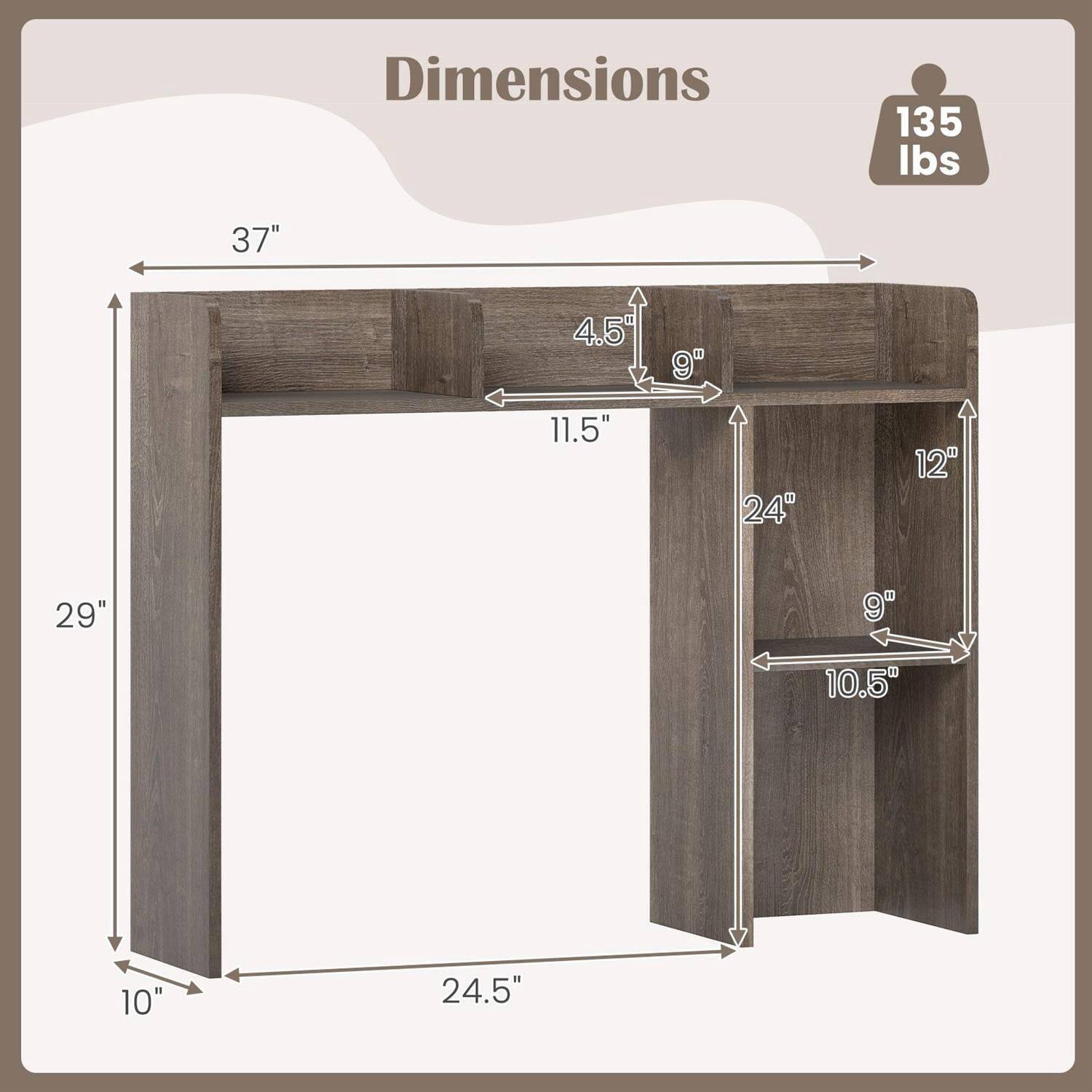 Dimensions:  
- Weight: 135 lbs  
- Length: 37"  
- Width: 24.5"  
- Height: 29"  
- Top Thickness: 4.5"  
- Shelf Depth: 11.5"  
- Shelf Width: 24"  
- Shelf Height: 12"  
- Shelf Spacing: 9"  
- Shelf Width (Inner): 10.5"  
- Shelf Width (Outer): 10"