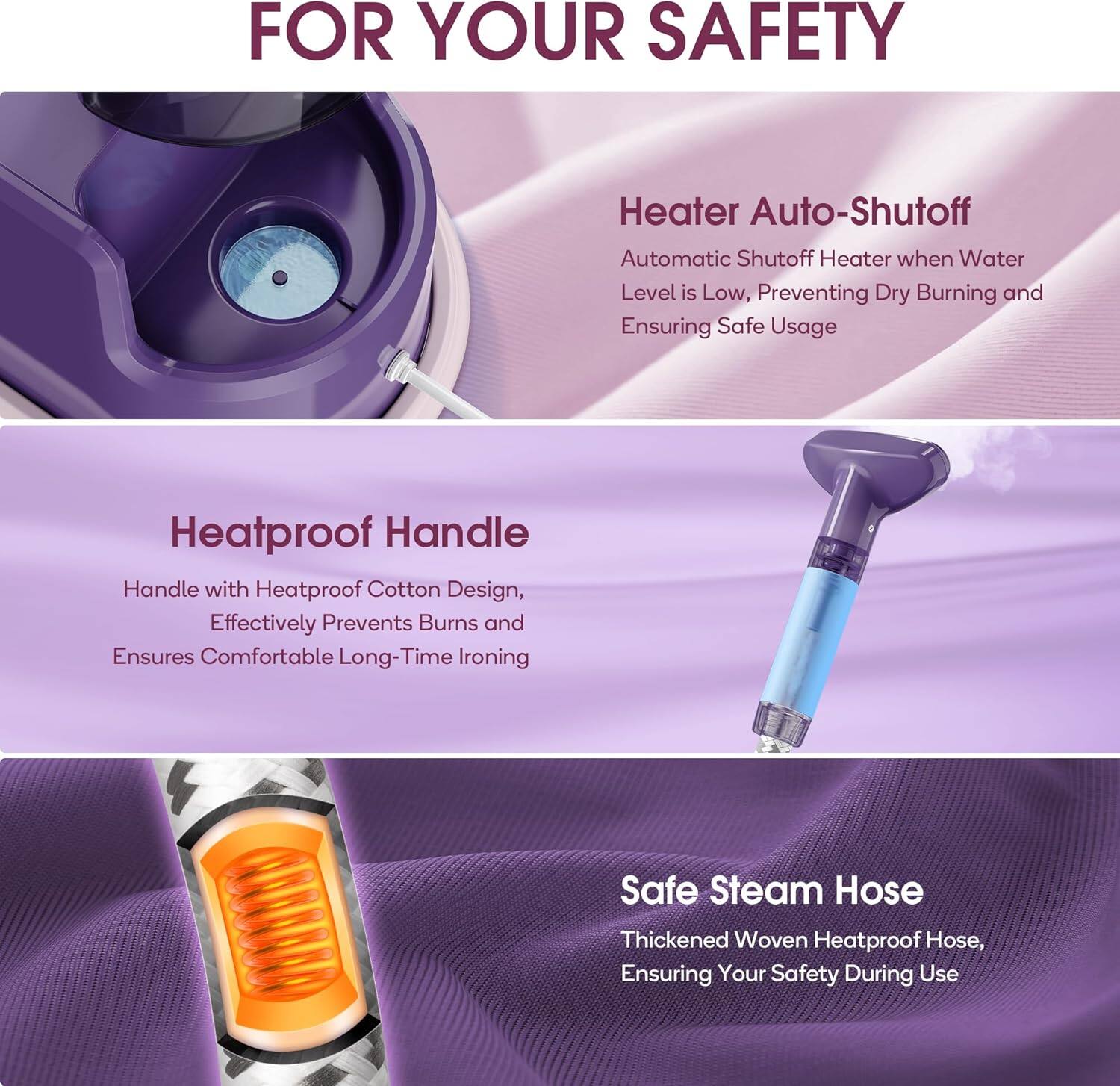 FOR YOUR SAFETY

Heater Auto-Shutoff  
Automatic Shutoff Heater when Water Level is Low, Preventing Dry Burning and Ensuring Safe Usage

Heatproof Handle  
Handle with Heatproof Cotton Design, Effectively Prevents Burns and Ensures Comfortable Long-Time Ironing

Safe Steam Hose  
Thickened Woven Heatproof Hose, Ensuring Your Safety During Use