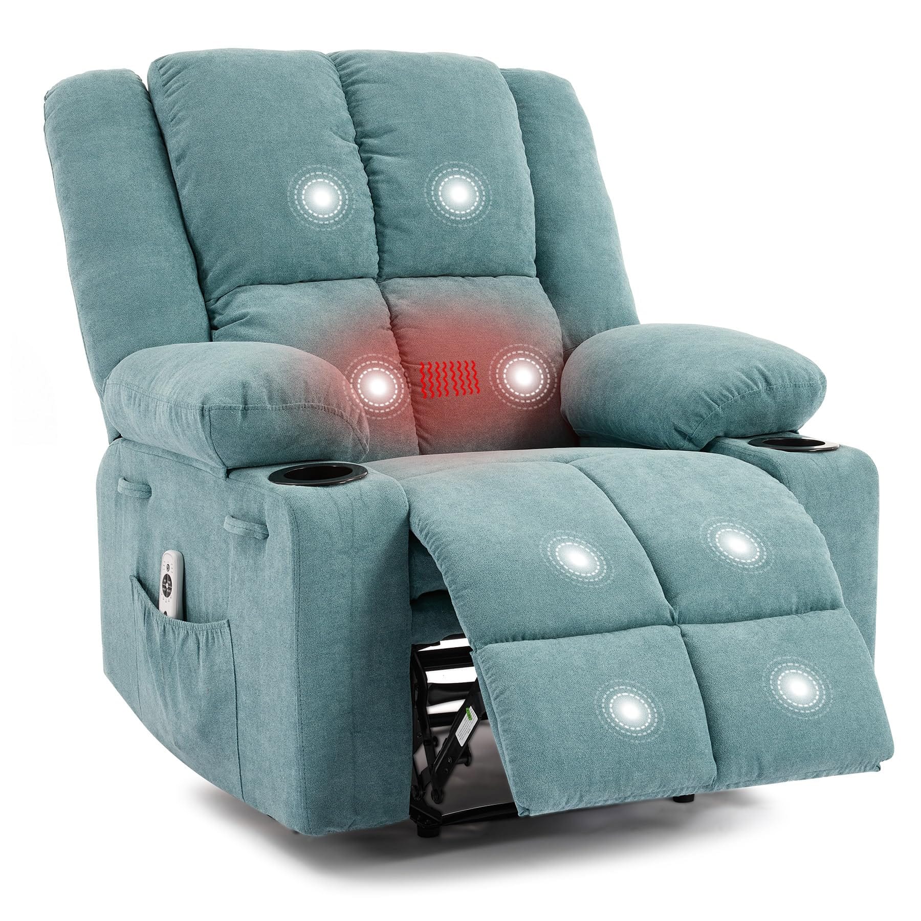 Babevy - Manual Recliner Chair with Heating & Massage, Ergonomic Fabric Sofa with Side Pockets for Living Room/Bedroom - Blue