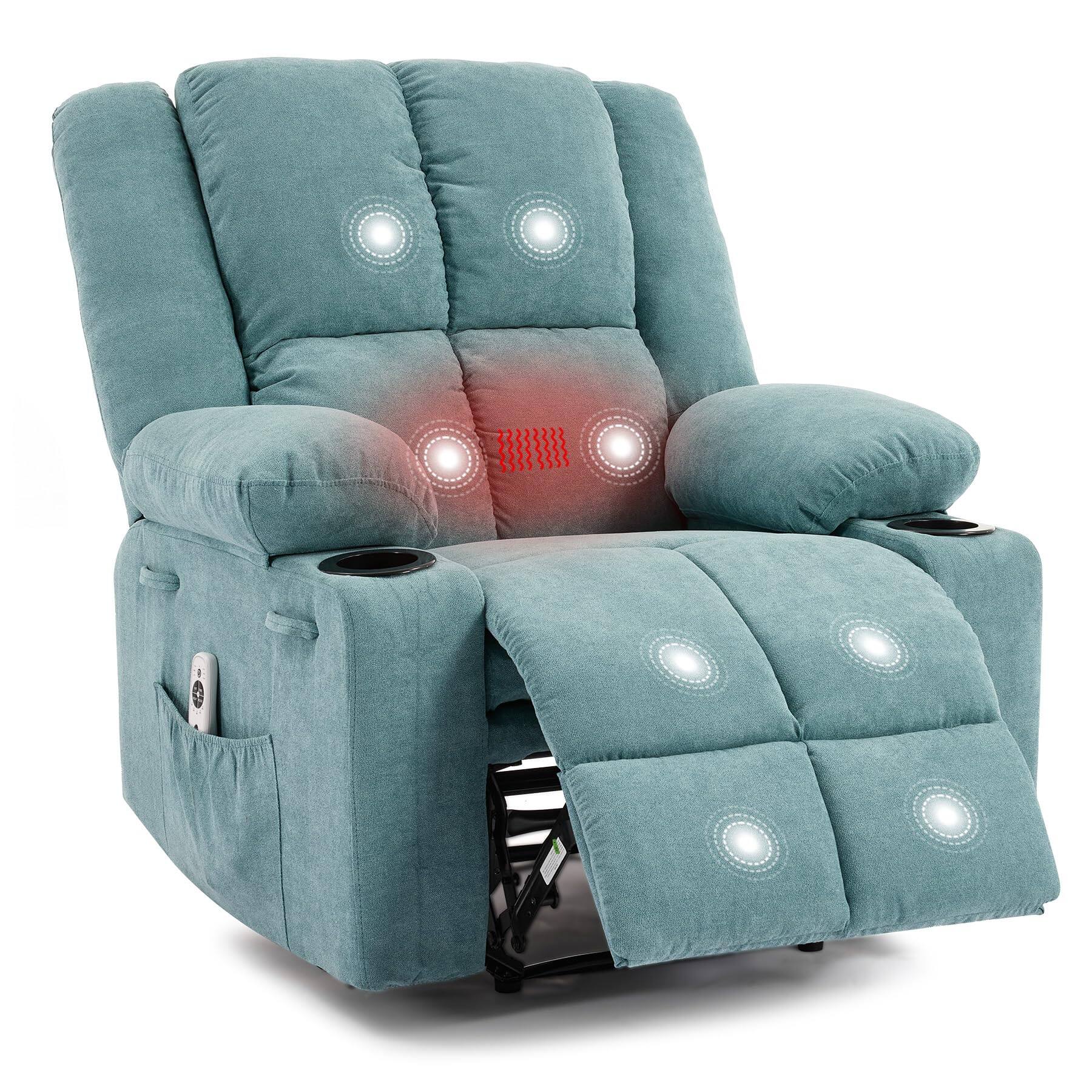 Front. Babevy - Manual Recliner Chair with Heating & Massage, Ergonomic Fabric Sofa with Side Pockets for Living Room/Bedroom - Blue.